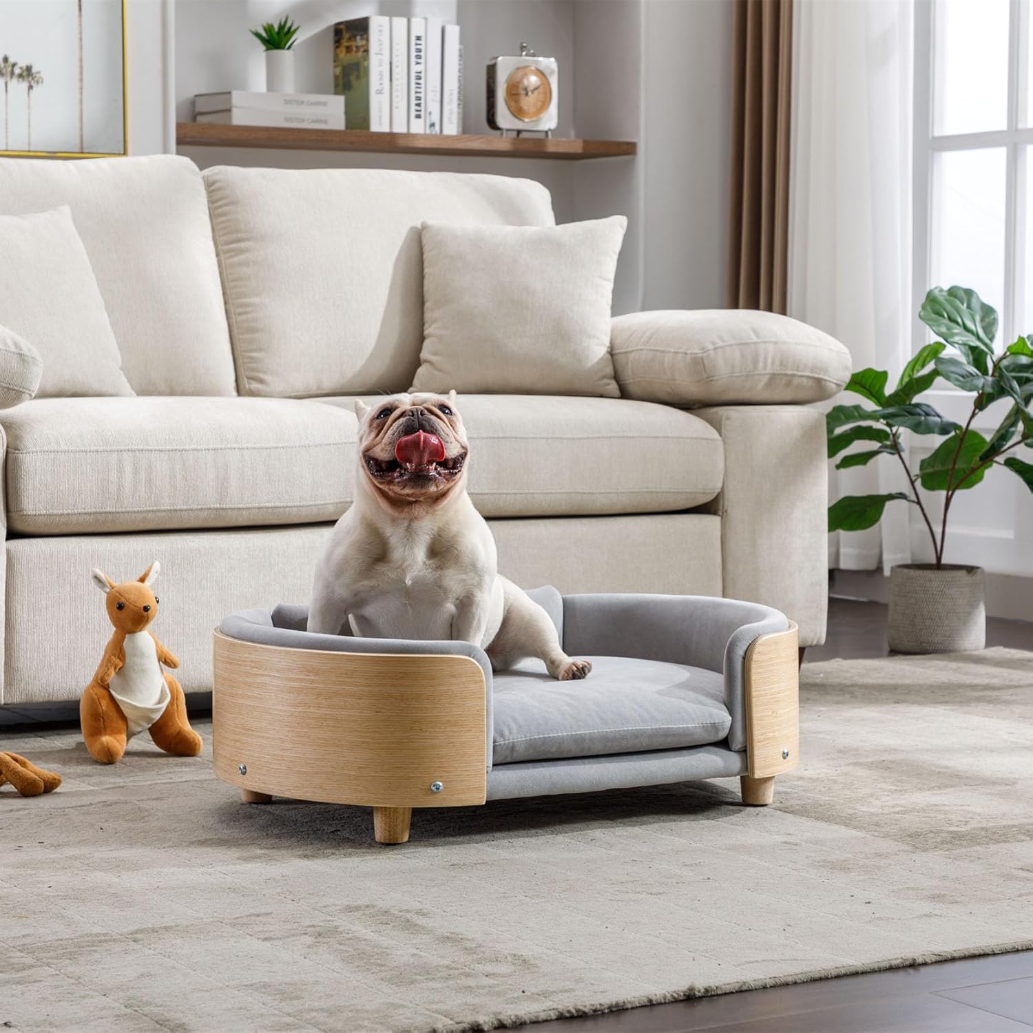Elevated Dog Bed Pet Sofa with Solid Wood Legs and Bent Soft Backrest, Pet Cat Stool Bed with Velvet Cushion,for Small and Medium Size Dogs Kitten, Mid Size