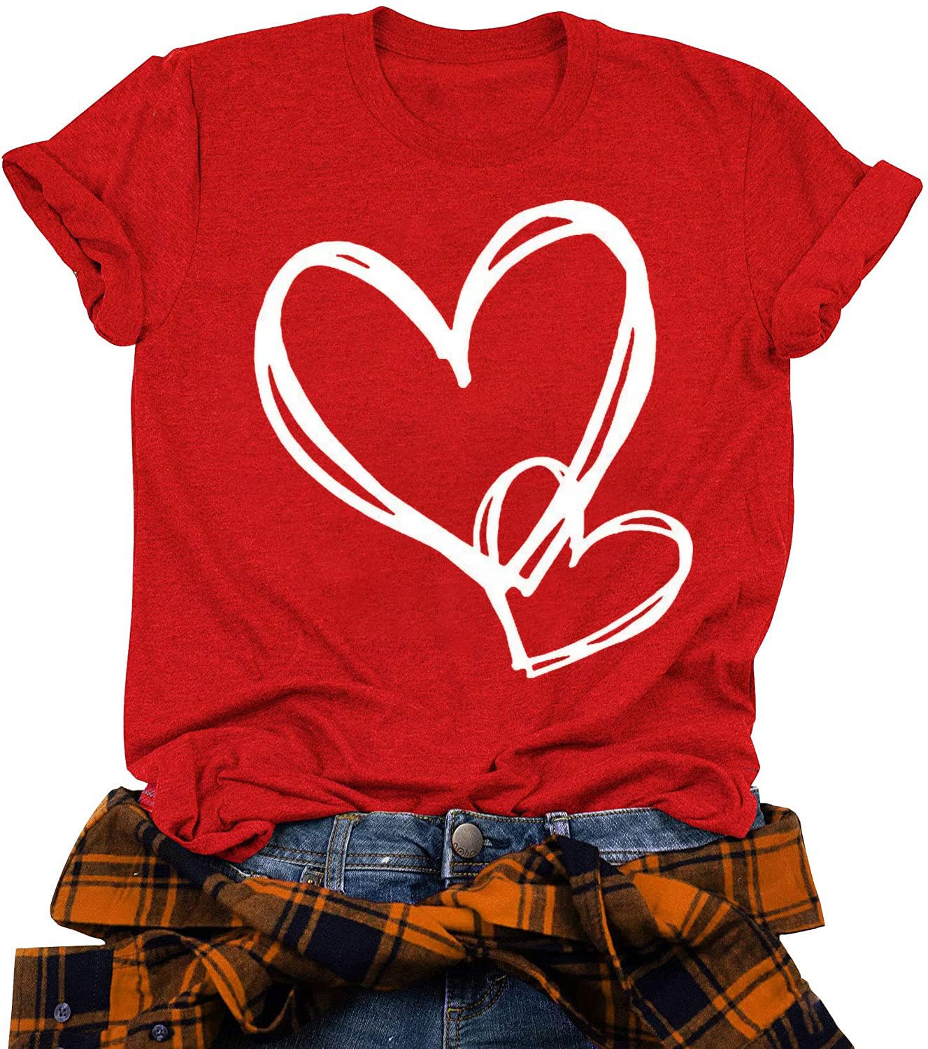 QIANRUOValentine's Day Tshirt for Women Cute Hearts Graphic Print Tee Tops Casual Loose Short Sleeve T Shirt Blouse