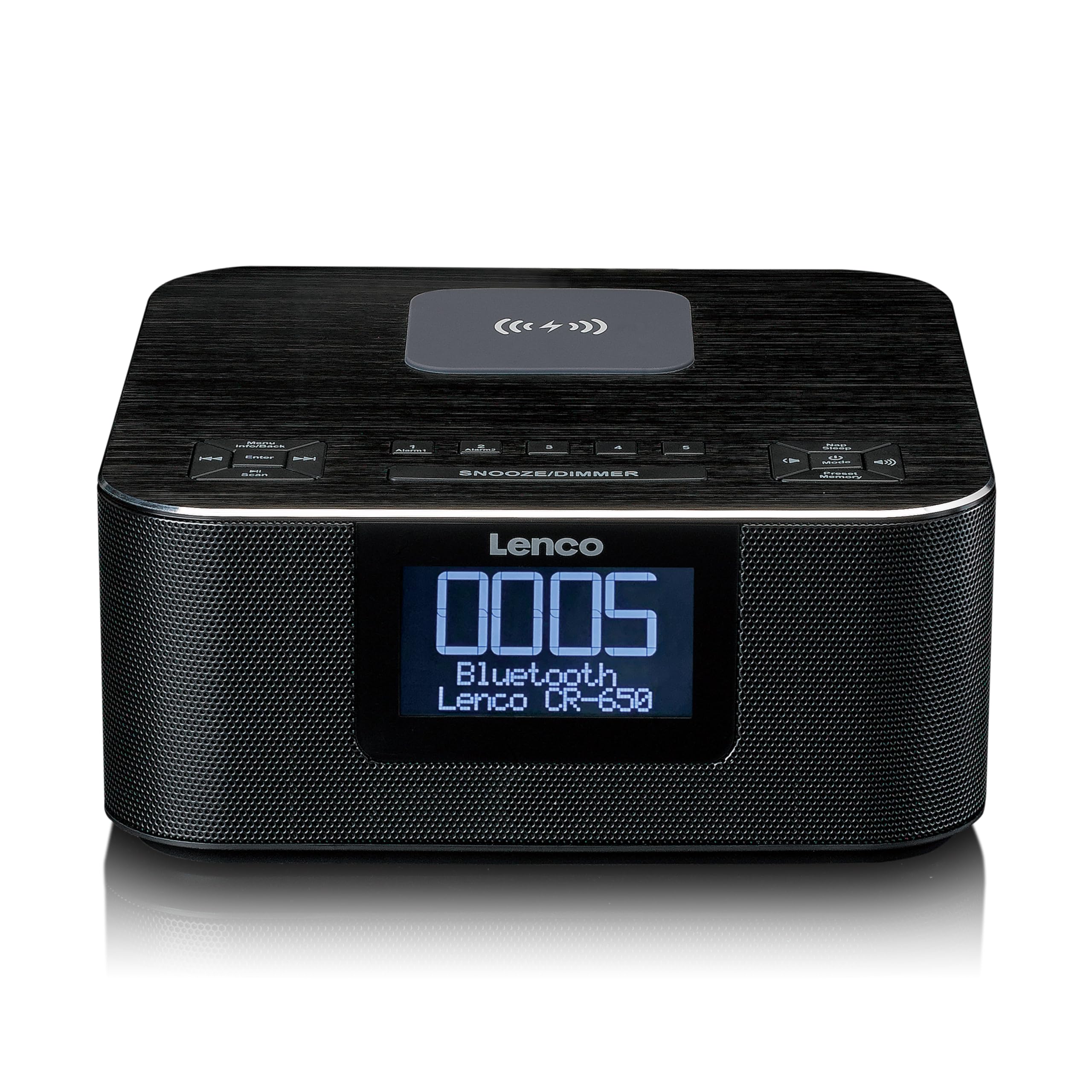 Lenco CR-650 DAB+ Radiosveglia – Radio per orologi con DAB+ e FM – 20 stazioni – Funzione snooze – 2 x 2 Watt RMS – LCD – USB e caricatore QI – nero