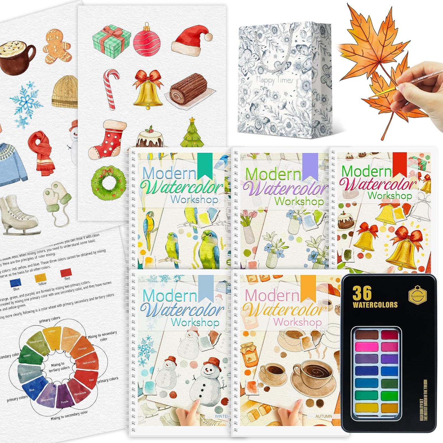 5Pcs Watercolor Workbook, Beginner-Friendly Water Coloring Book for Beginners with 36 Colors Paint Color with Paint Brush, Watercolor paper, Beginner Watercolor Painting Kit - Christmas Gift for Women