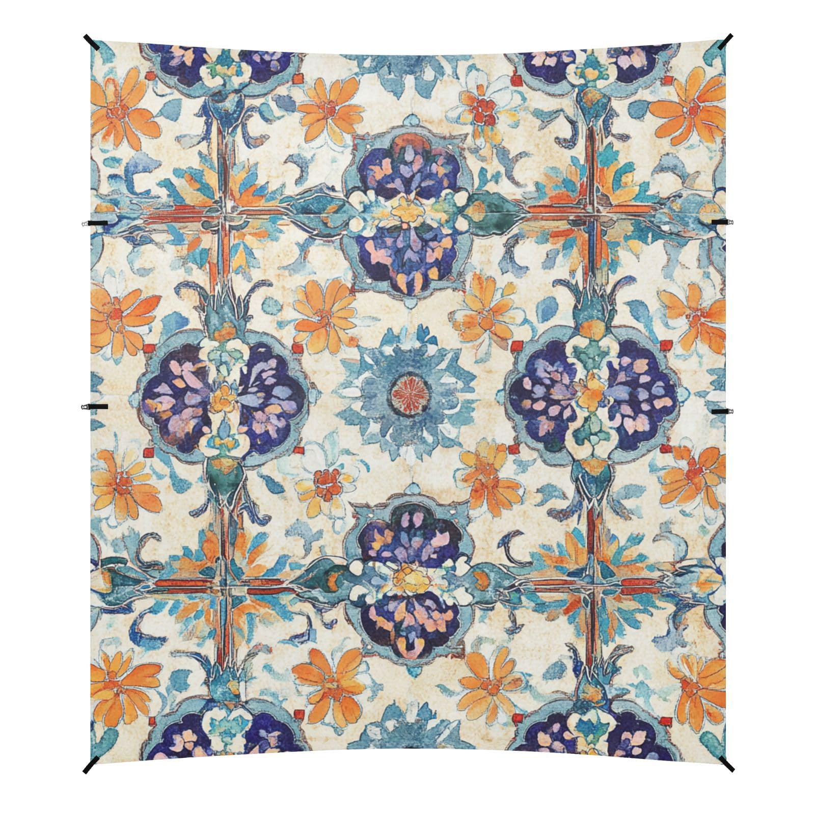 Bohemian Boho Vintage Mandala Style Flower Stable Beach Tent UPF50+ Protection Waterproof Outdoor Sun Shade with Sandbags & Sand Shovel for Backyard, Grassland, Park