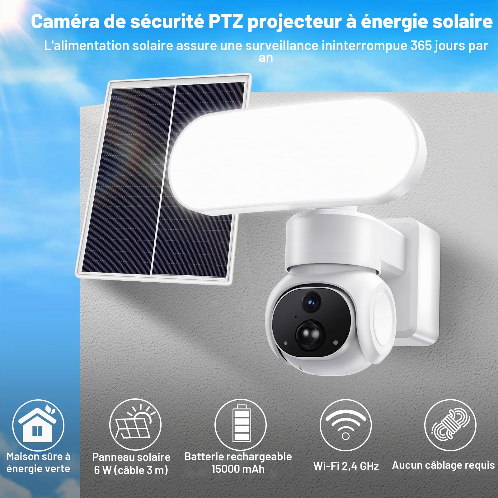 Cadrim 2K Camera Surveillance WiFi Exterieure sans Fil Solaire avec MicroSD 64 Go, 2.4GHz Camera Exterieur avec Panneau Solaire,360° PTZ,Vision Nocturne Couleur, Audio Bidirectionnel, PIR Sirène, IP65