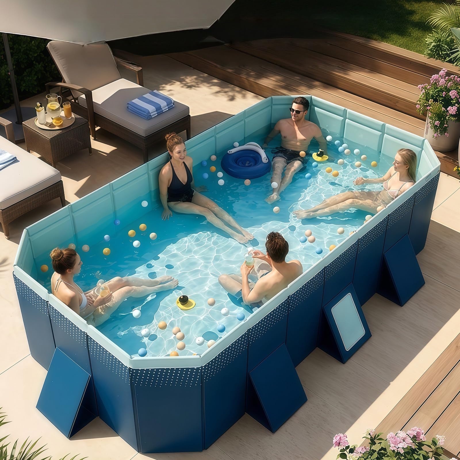 Rechteckiger Faltbarer Swimmingpool, Nicht Aufblasbarer Hartplastikpool, übergroßer Aufstellpool, Einfacher Aufbau, Sommerlicher Planschpool für den Garten, für Familie, Kinder 9.8ft