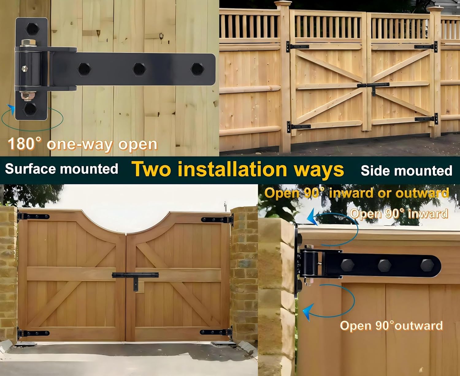 Heavy Duty Gate Hinges 900 Lbs Capacity - 13" Bolt-On or Weld-On Hinges with Built-in Ball Bearings, 180° One-Way Open for Wooden/Metal Gates, Fence, Barn,Garden Gates, Sheds (Patent Pending)