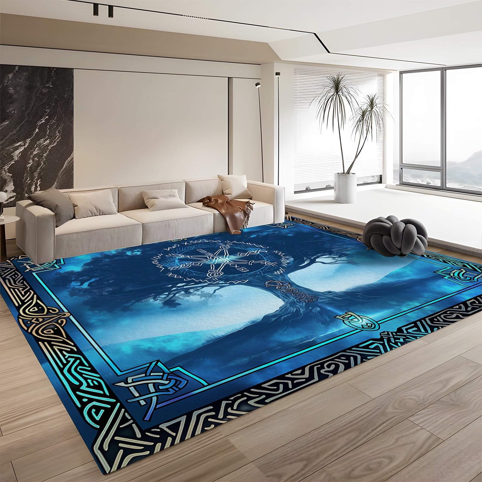 Waschbarer Tarotkarte mit Wikingerrunen Kurzflor Teppich - Weicher, Rutschfester Teppich für Wohnzimmer, Schlafzimmer - Flauschiger, Blauer Lebensbaum Teppiche Gegend, 80cm x 150cm