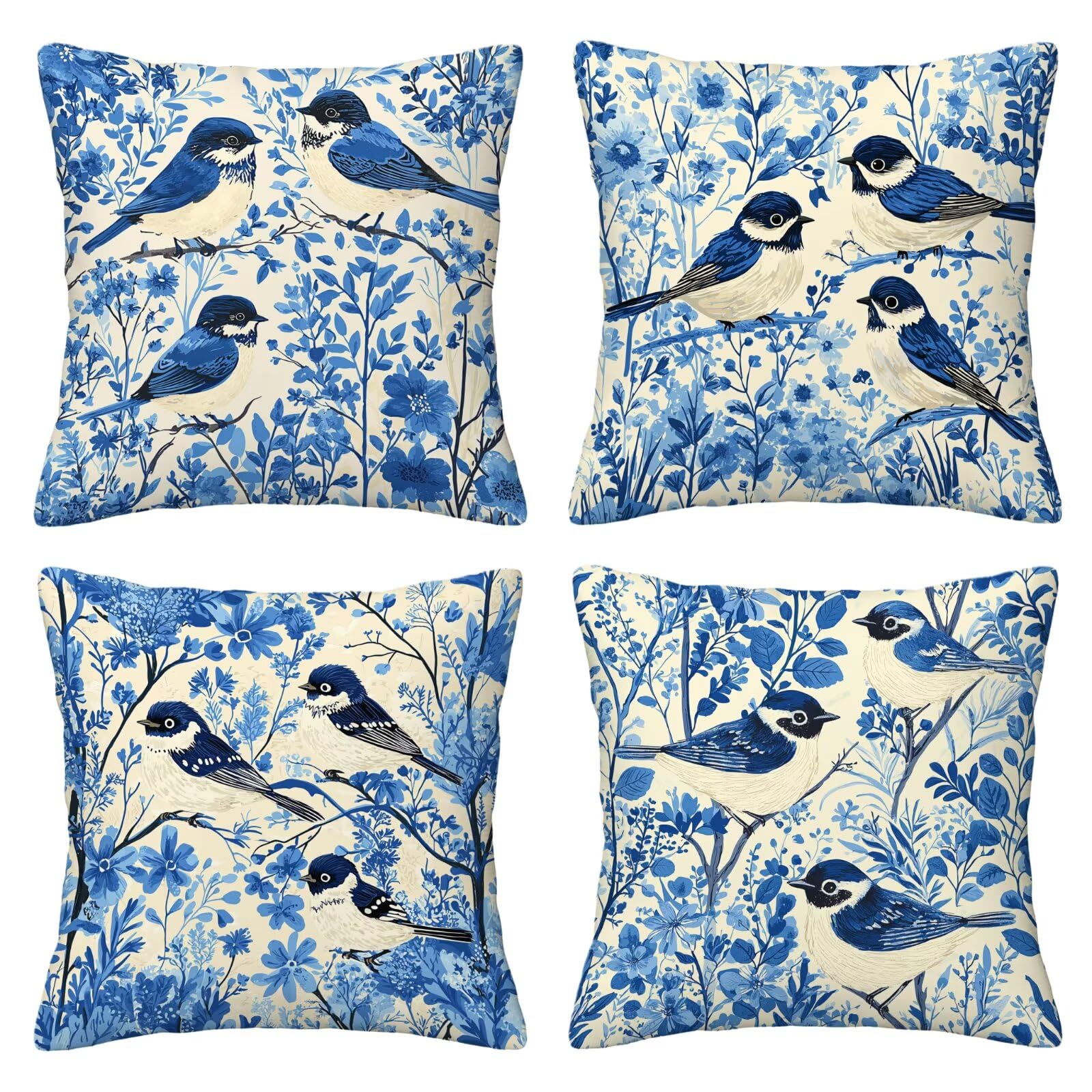 Juego de 4 Funda de Cojín Exterior Impermeable, 55x55 cm Fundas Cojínes Pájaro de Lino, Exterior Impermeable Lino Cojín Azules Decorativo, Fundas de Almohada para Patio Balcón Jardín Sofá Oficina U-69
