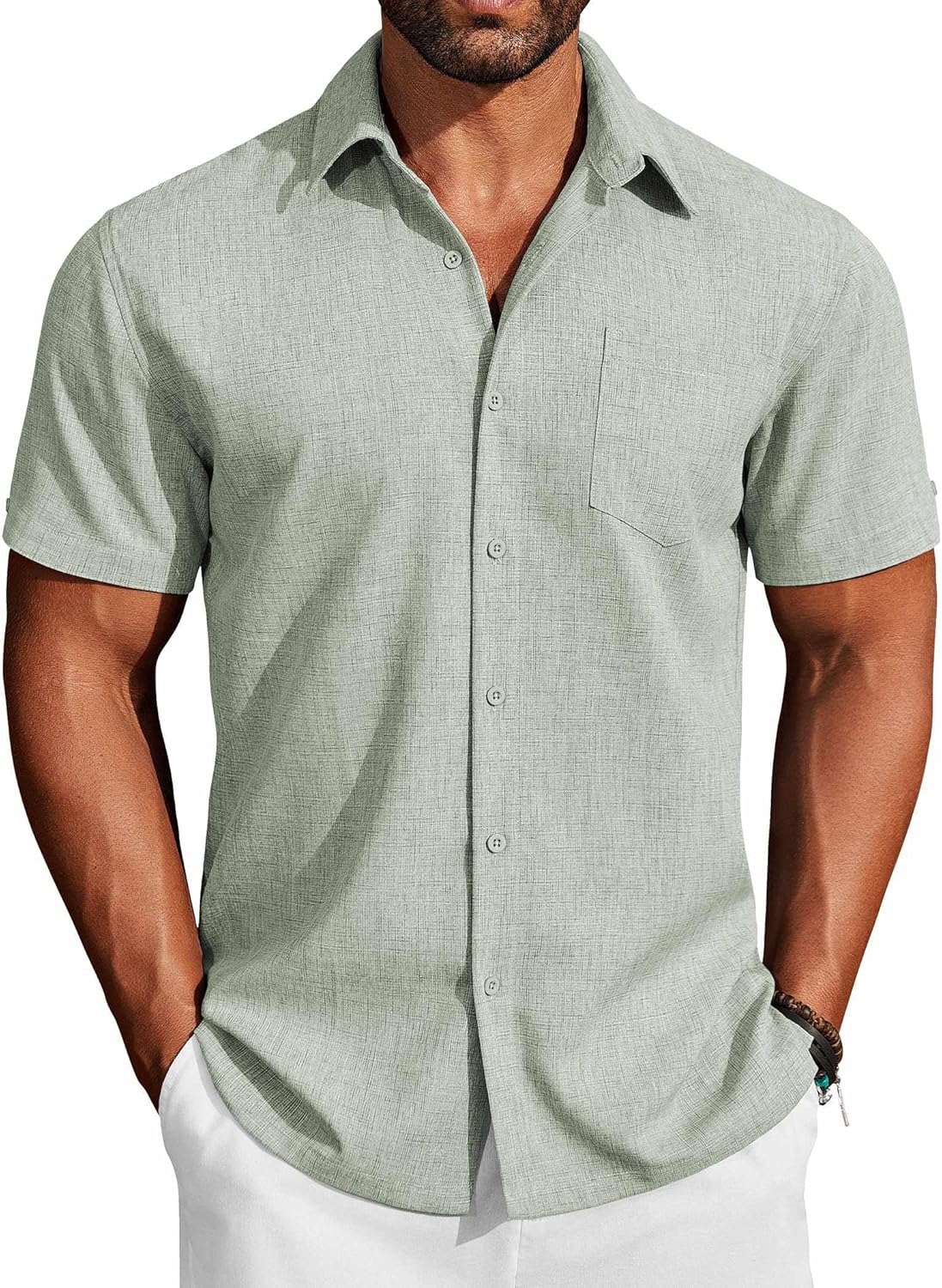 COOFANDY Men's Button Down Shirts Short Sleeve Casual Shirts Summer Beach Linen Shirts with Pocket