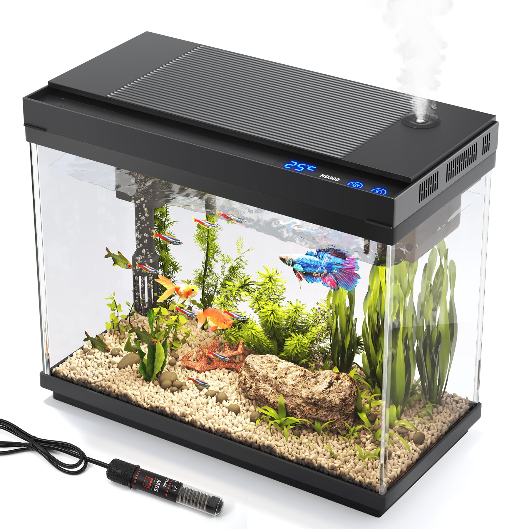 Aquariums voor aquaria, 9L visaquarium met slimme luchtbevochtiger, temperatuurweergave, UHD-glas, 7-kleuren verlichting, 3-in-1 stille pomp met filtering, zuurstofvoorziening en circulatie