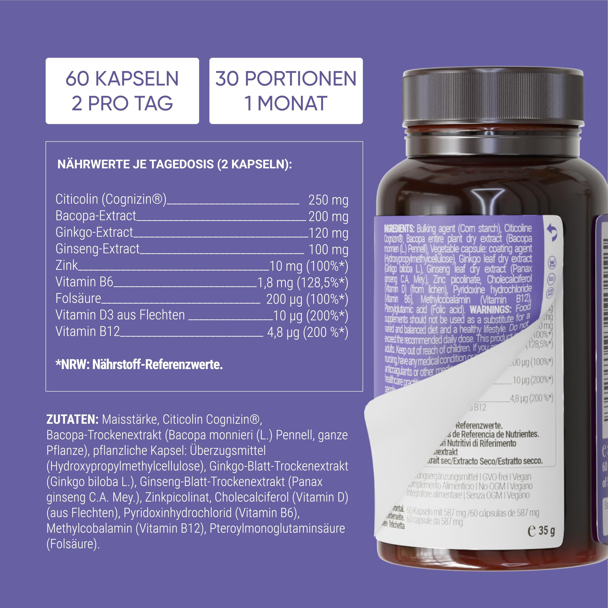 Nullure Memory & Focus Konzentration Complex | Unabhängig getestet | Nootropic | Citicolin CDP Cholin + Ginko + Bacopa | Vegan & Ohne Zusätze | Gedächtnis Kapseln | 60 Kapseln (1 monat)
