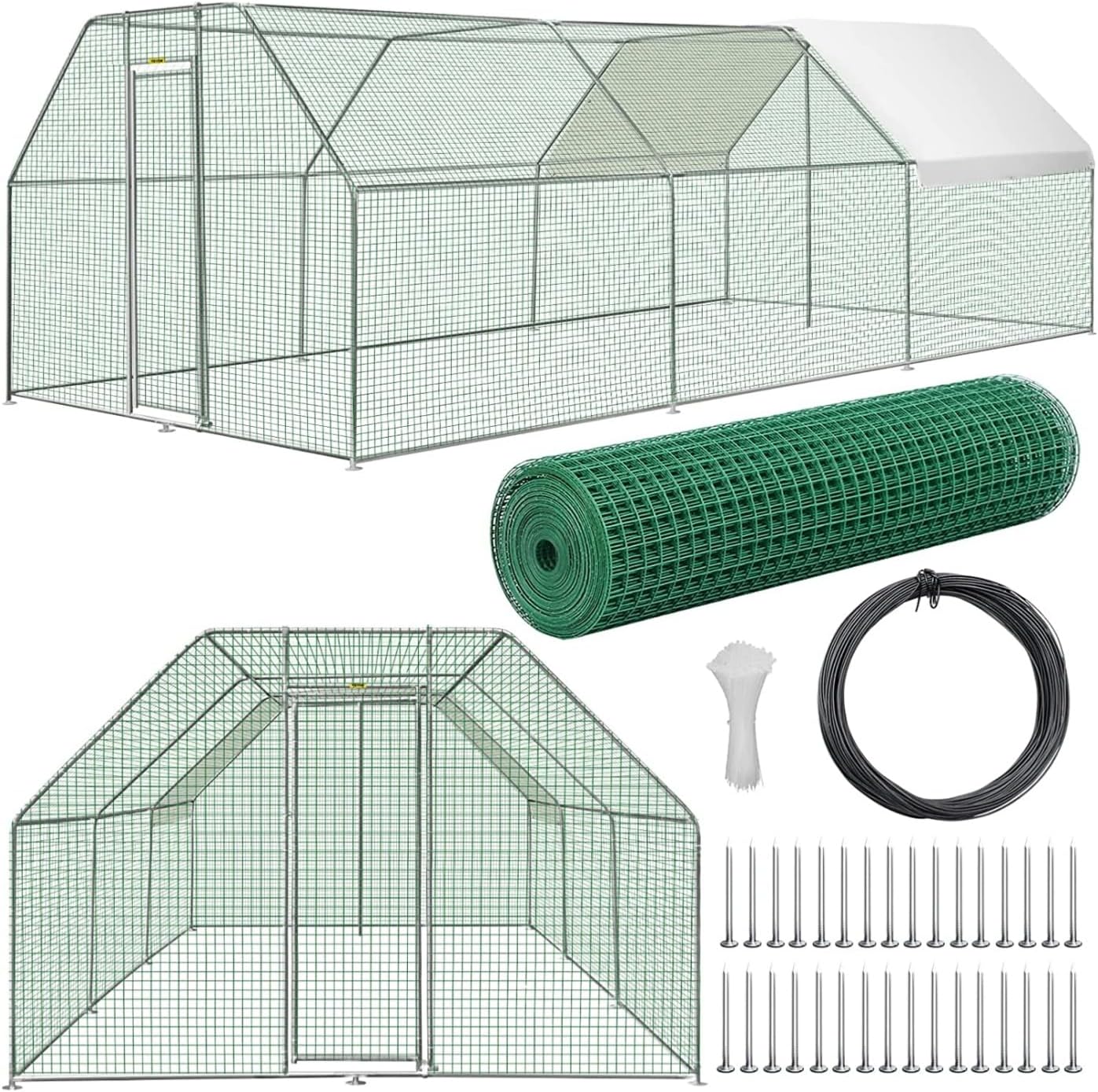 Galvanized Steel Chicken Coop & Run, 9.2'x18.5'x6.5' Rust-Proof Frame with Waterproof Cover, PVC Hex Mesh, Spacious Outdoor Enclosure for Chickens, Ducks, Rabbits, Cats