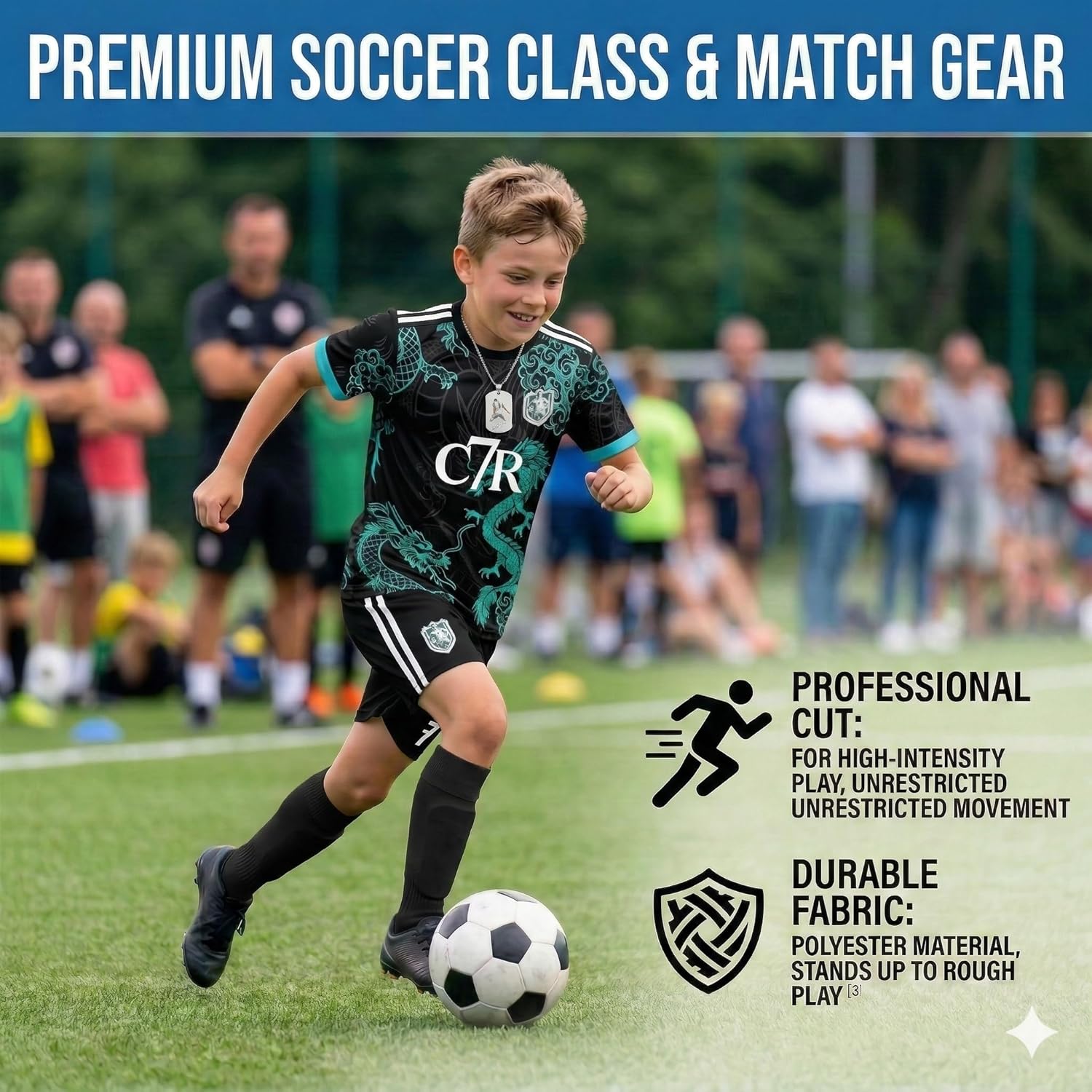 Kids Soccer Jersey Set | Uniform Kit with Shirt Shorts Socks #7 Necklace for Boys Girls,School Sports Training Match