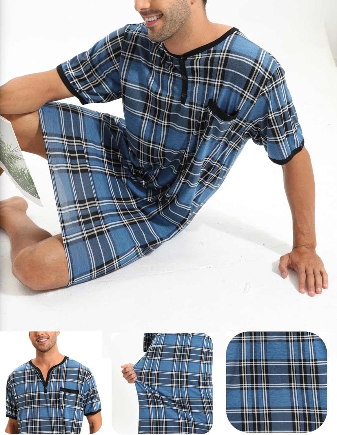 Men Summer Short Sleeve Henley Nightshirt Knee Length Sleepwear with Chest Pocket - Image 4