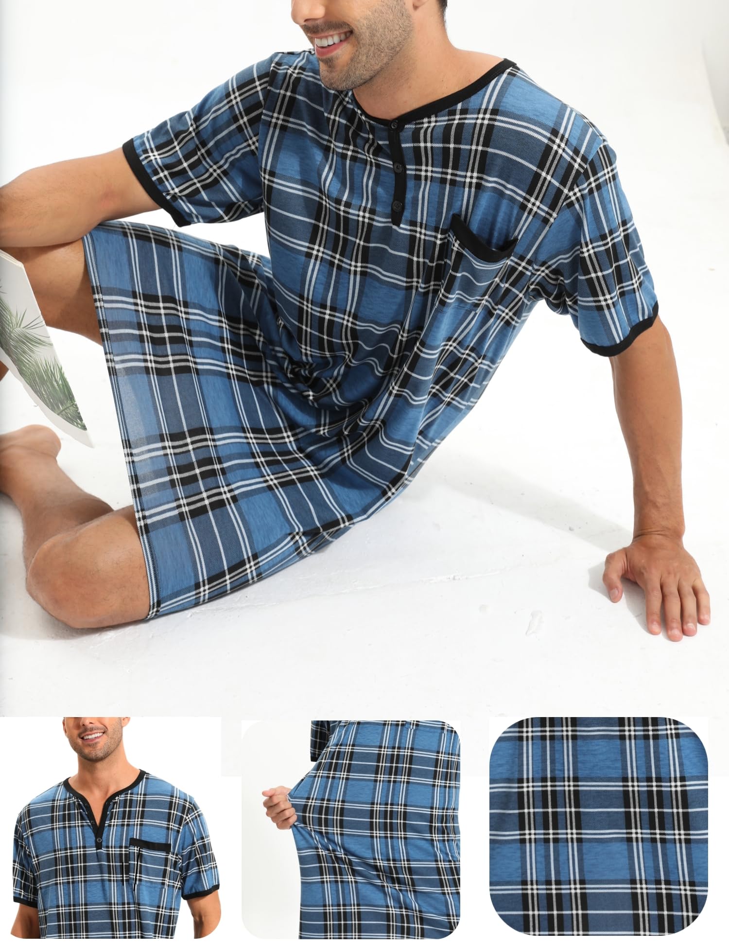 Chemise de Nuit Homme Pyjama Manches Courtes Hauts de Pyjama Homme Tee-Shirt Long Col Rond avec Boutons Vêtements d'Intérieur T-Shirt Grande Taille Douce Confortable