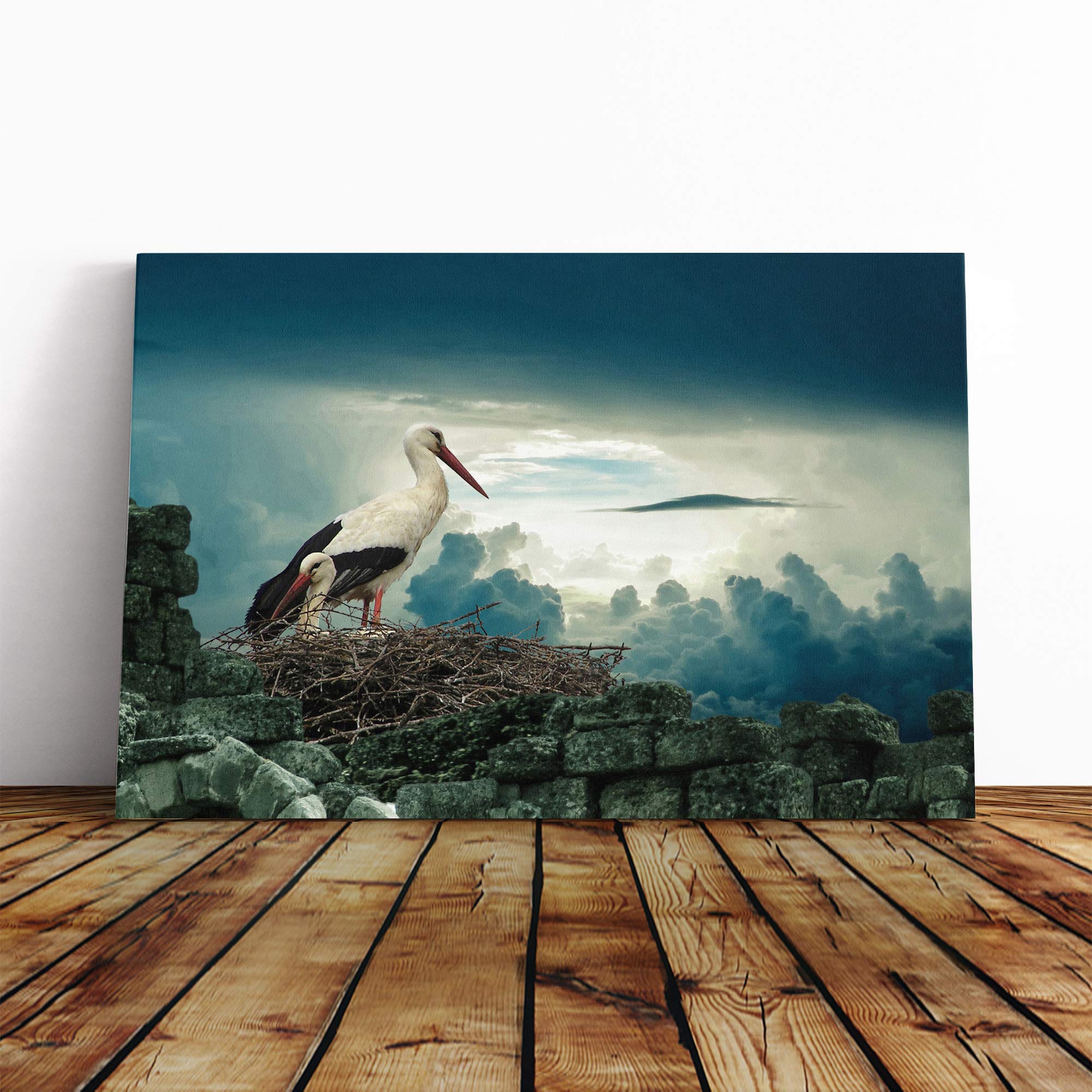 Stork Birds Nest Canvas Print | Gallery Wrapped 30mm Frame Wall Art | 24x16 inches | Ready to Hang | Modern Bird Picture | Living Room Bedroom Lounge Office