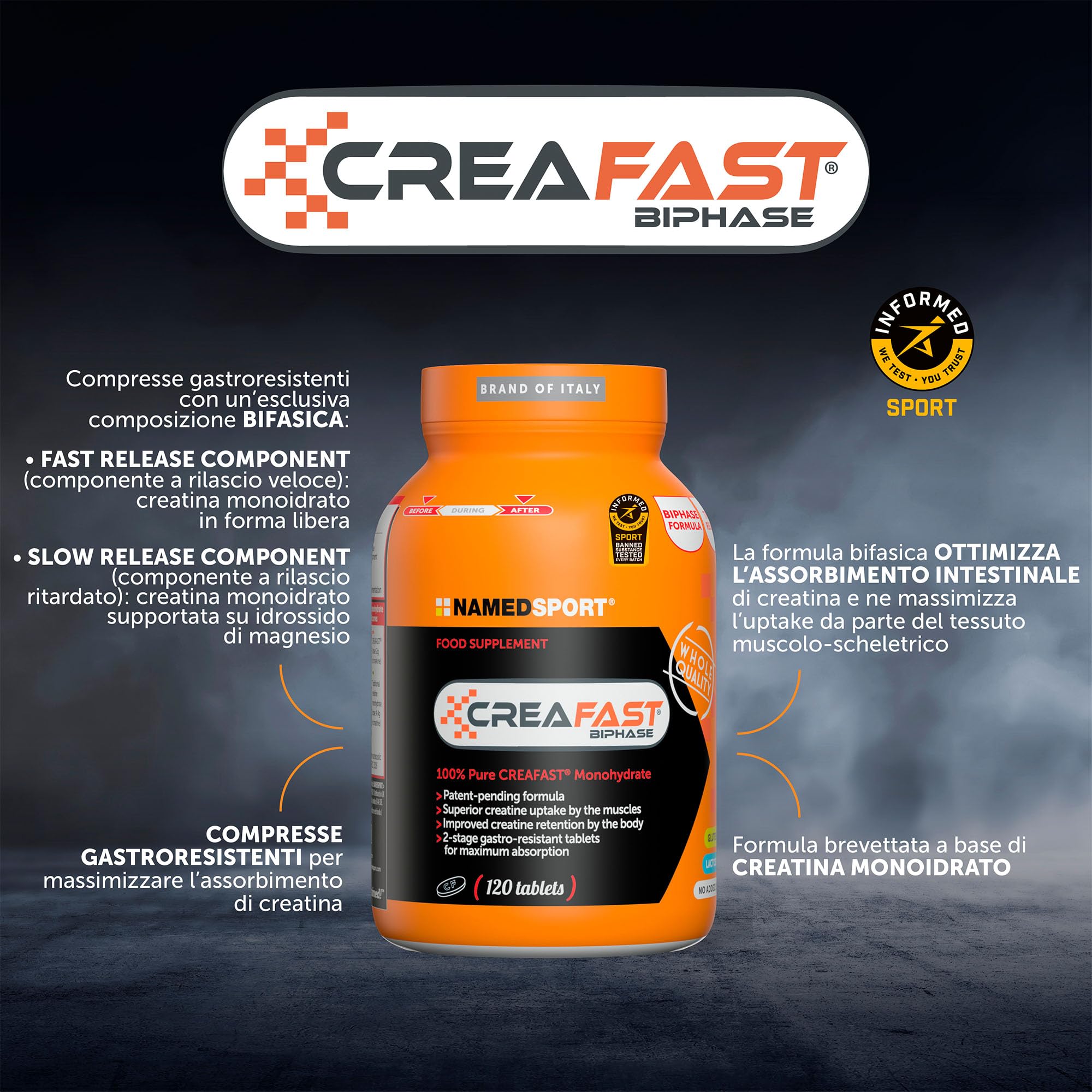 NAMEDSPORT Creafast 120 Compresse | Creatina Monoidrato per Performance e Recupero Muscolare | Integratore per Sportivi, Fitness e Bodybuilding | Pre e Post Workout