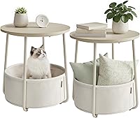 Vista 15 de VASAGLE LILEA Collection ULET223G49 - Mesa auxiliar redonda pequeña, mesita de noche moderna con cesta de tela, gris cemento y blanco crema