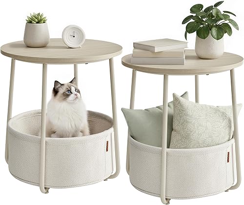 Miniatura 11 de VASAGLE Colección LILEA - Mesa auxiliar pequeña redonda, moderna mesita de noche con cesta de tela, blanco mate y marrón camello ULET223W10 Blanco