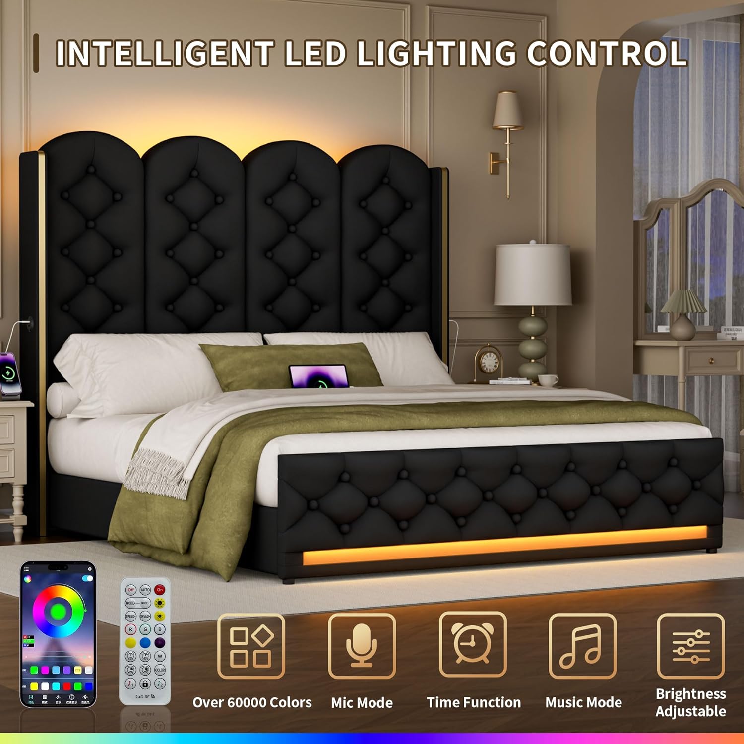 Upholstered Queen Size Platform Bed Frame with 58" Tall Button Tufted Headboard, Velvet Lift Up Storage Bed with Charging Station and LED Lights, No Box Spring Needed/Easy Assembly/Noise Free, Black