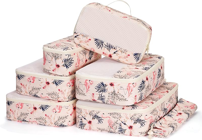 Narwey Juego de 7 cubos de embalaje para viajes, organizadores de embalaje duraderos para niños, mujeres y hombres, equipaje de mano, accesorios esenciales de viaje (flamenco beige)
