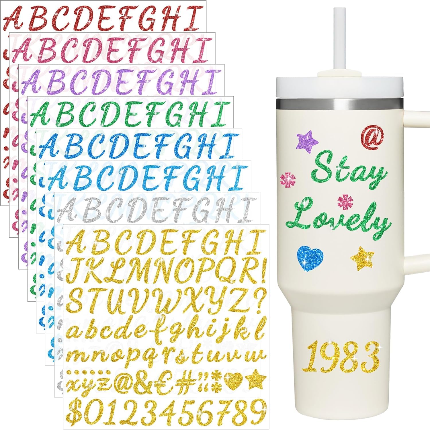 Sondeng Multicolor 8 Sheets Glitter Letter Stickers For Cup, Alphabet Name Stickers For Water Bottles,Vinyl Waterproof Personalized Letter Number Name Tags Logo Sticker For Scrapbooking Tumbler Accessories(Multicolor)