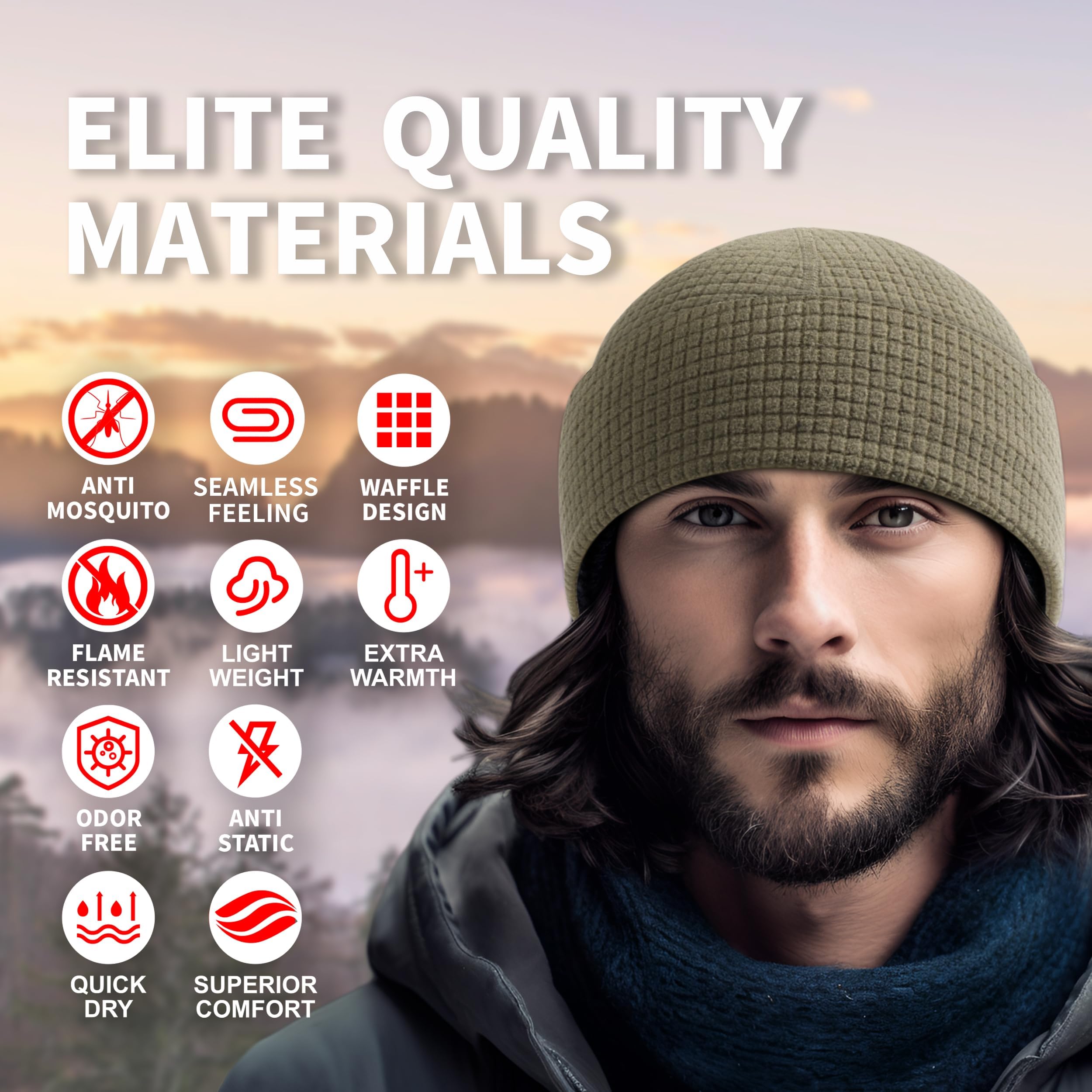 Outdoor Shaping 2 Pack Grid Fleece, Cuffed Beanie Watch Cap Waffle, Tactical Army Military Hat Multi-Season, Warm Lightweight Skull Cap, All-Weather Outdoor Gear