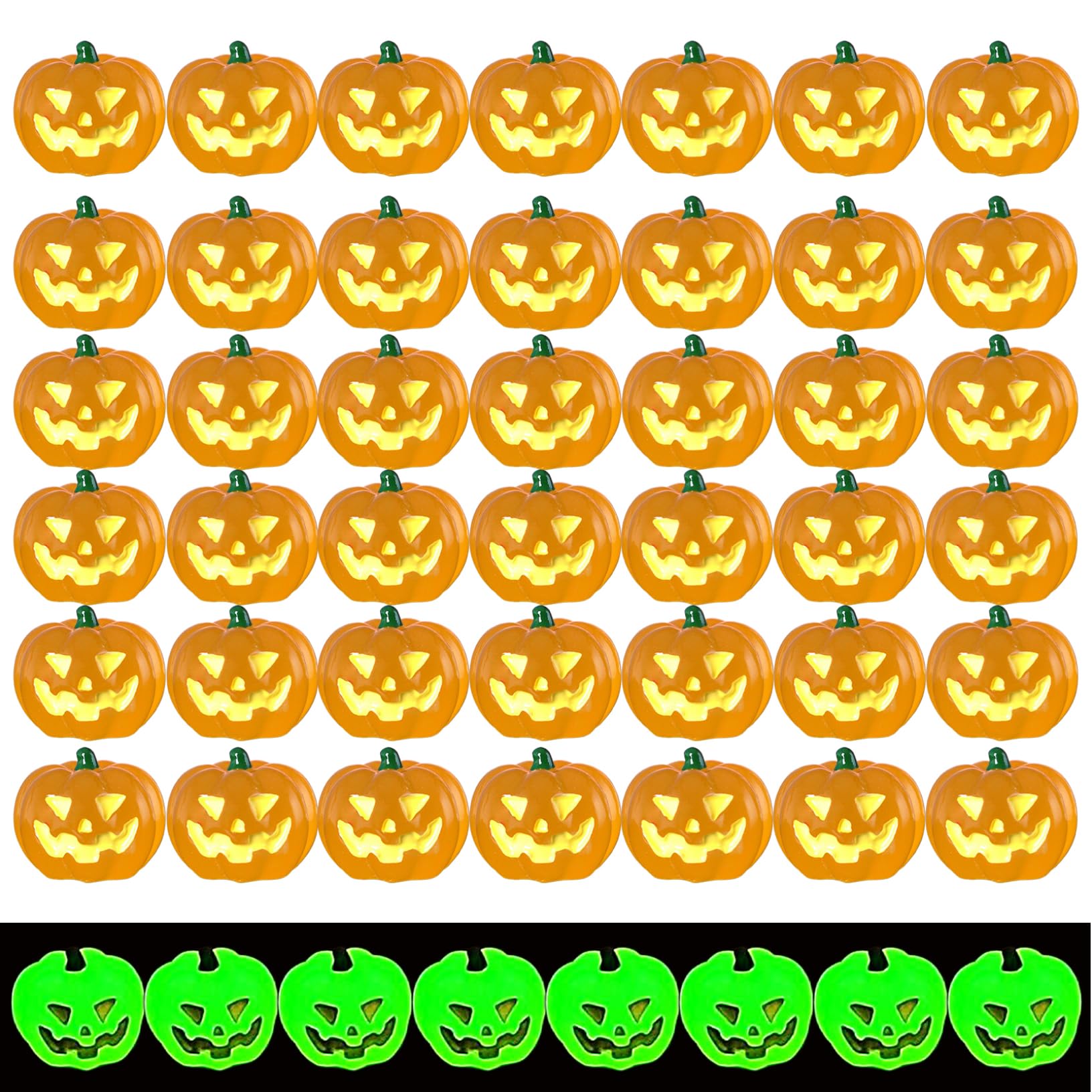 Veesper Mini Pumpkins 50PCS Resin Halloween Figurines Glow Luminous Grinning Style Pumpkin Decorations for Party Tabletop, Home Decor, Garden, Microlandscape and Baking Halloween Crafts