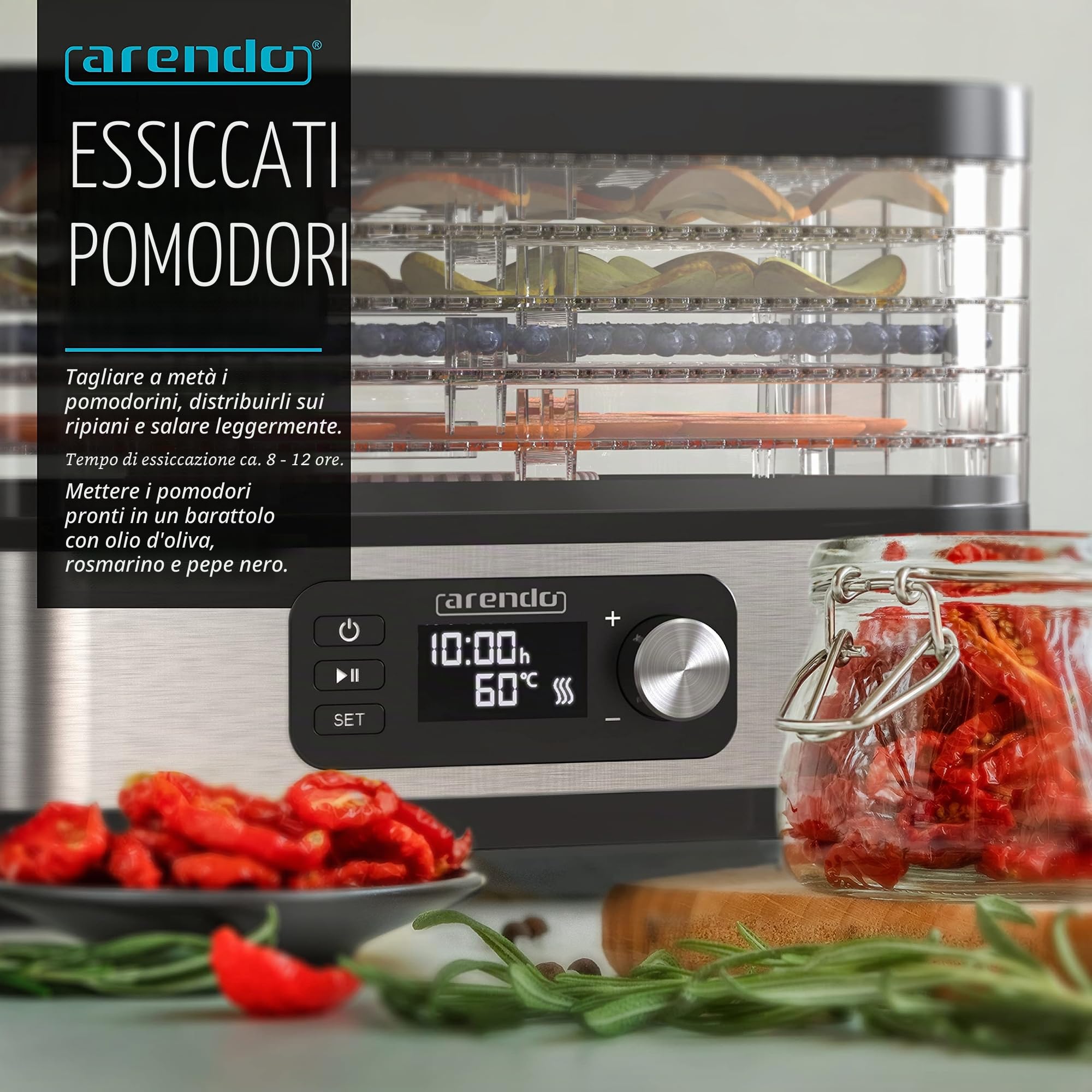 Arendo - Essiccatore con regolatore di temperatura 400 W - disidratatore in acciaio inox per alimenti, carne, frutta e verdura - con timer fino a 24 h - 35-70 gradi - 5 scomparti - GS - Disidratatore