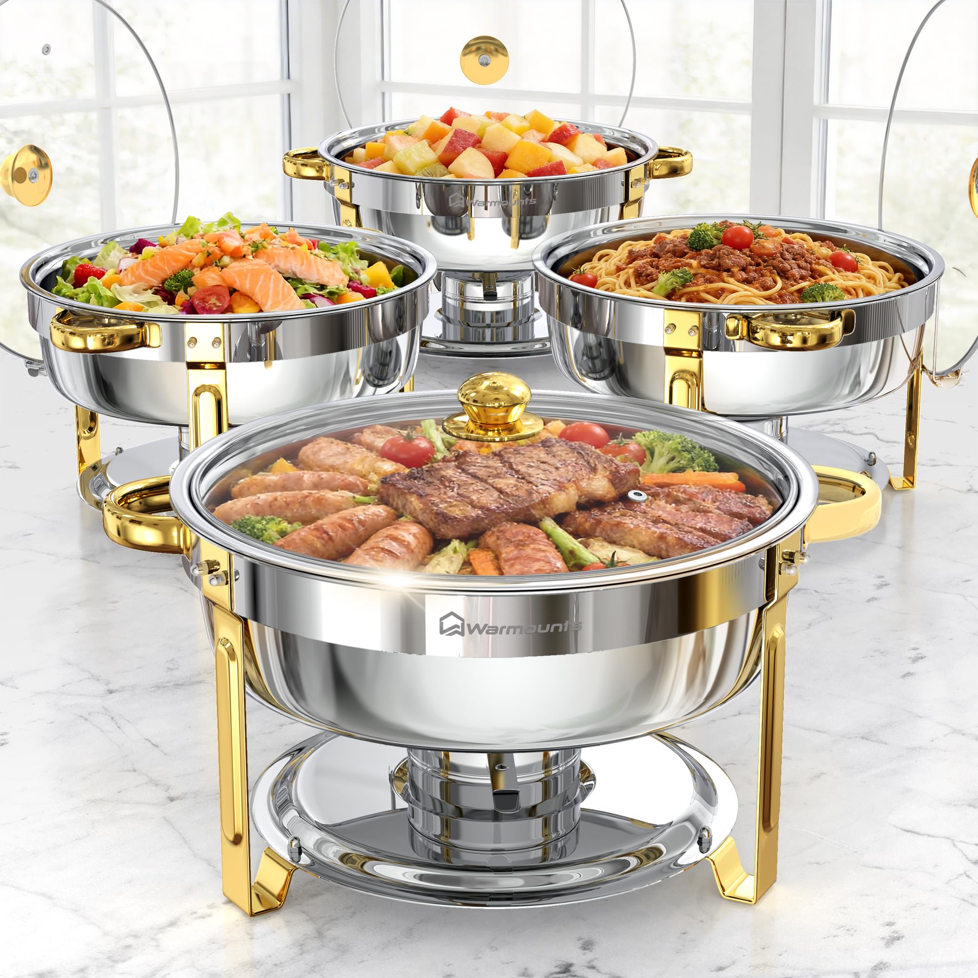 WARMOUNTS 6L Chafing Dish 4er Set Silber & Gold, Runder Speisenwärmer Edelstahl mit Glasdeckel, Stapelbarer Warmhaltebehälter Buffet Rechaud mit Deckelhalter für Gastronomie, Party, Hochzeit