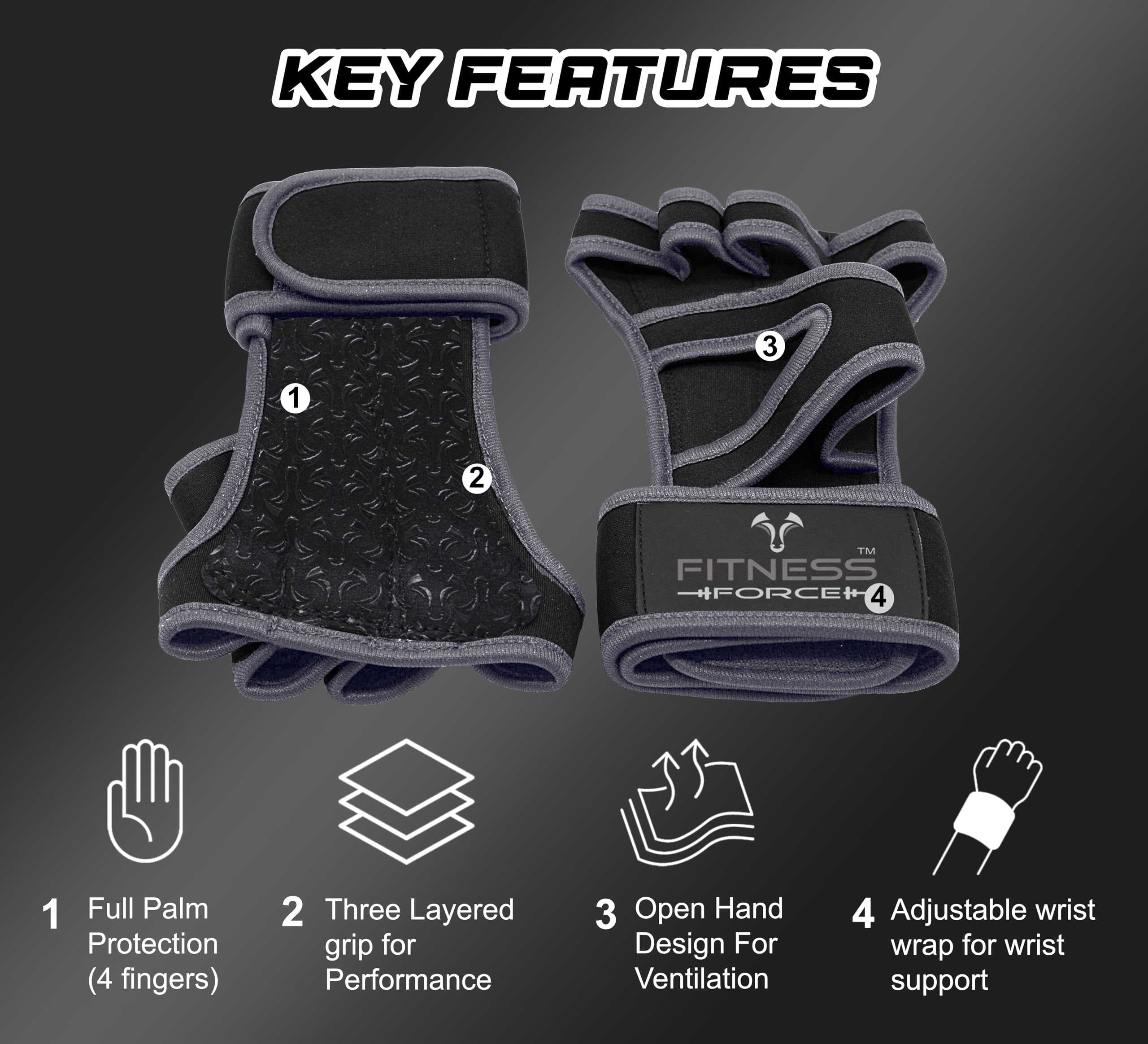 FITNESS FORCE Guantes de entrenamiento ventilados para hombres y mujeres con muñequeras integradas, guantes de gimnasio sin dedos para hombres, perfectos para ejercicio, fitness, levantamiento de