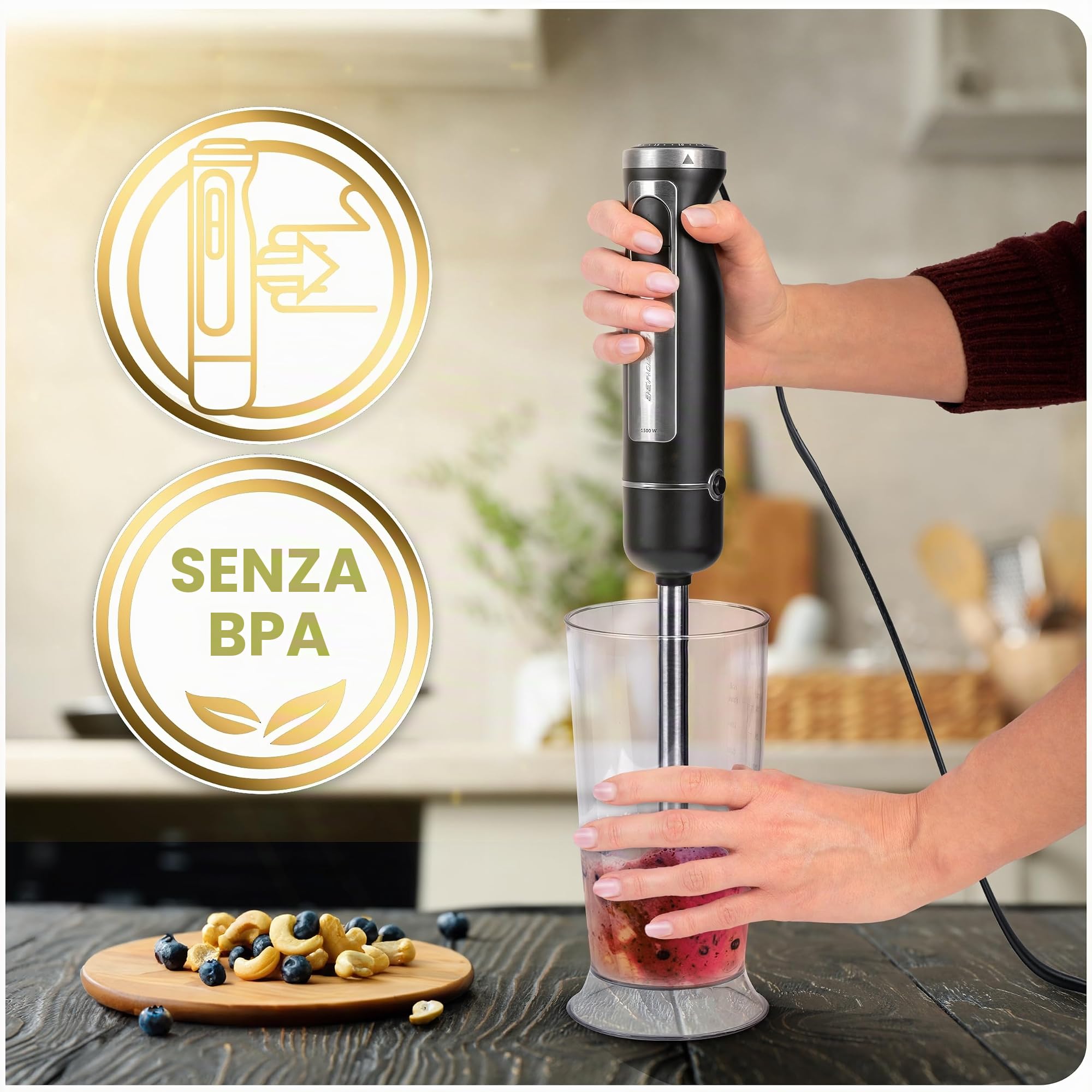 Berdsen Frullatore a immersione manuale Frullatore ad immersione 1500W Multifunzionale con accessori Funzione Turbo 800 ml Acciaio Plastica Grigio Nero