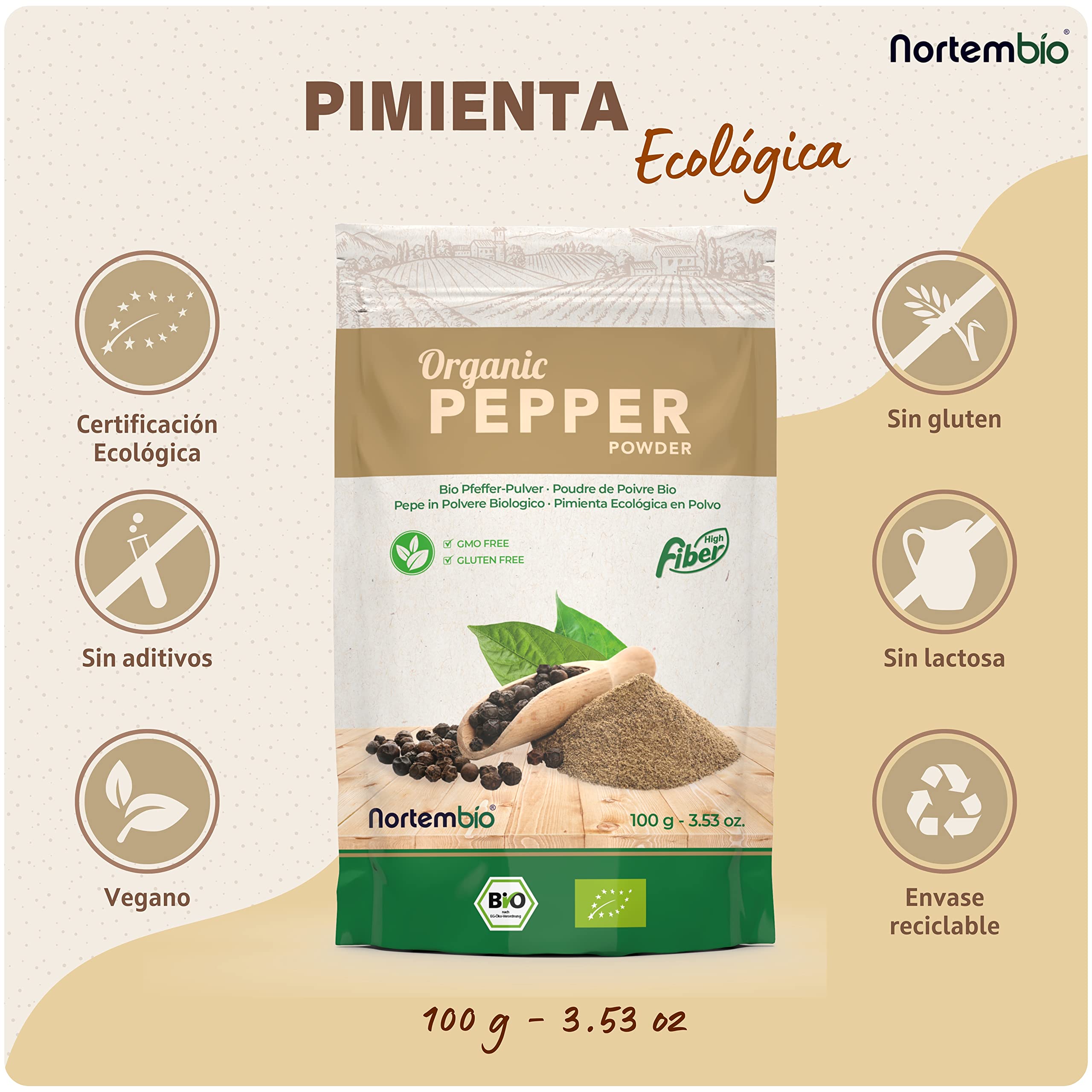 Nortembio Pimienta Negra Ecológica en Polvo 100 g. Origen 100% Natural. Calidad Gourmet. Pimienta Negra Molida Sin Aditivos ni Conservantes. Envase Hermético & Cierre Zip. E-Book con Recetas Incluido.