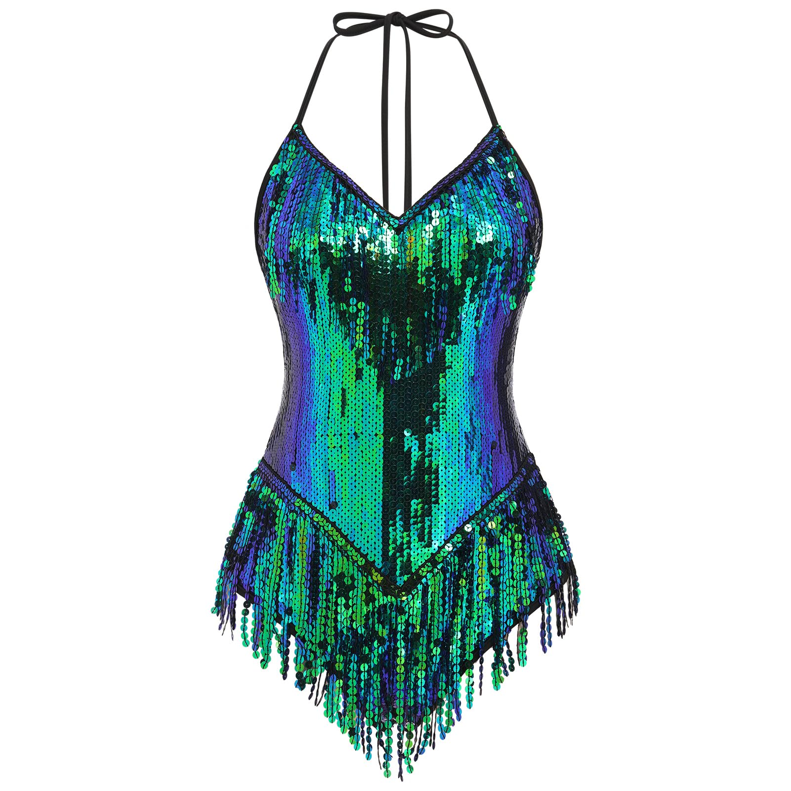 IMEKIS Lentejuelas Body Mujer Flecos Borla Body Halter Cuello Cuello V Música Festival Maillot Brillante Latino Jazz Tango Salón de Baile Disfraz Rave