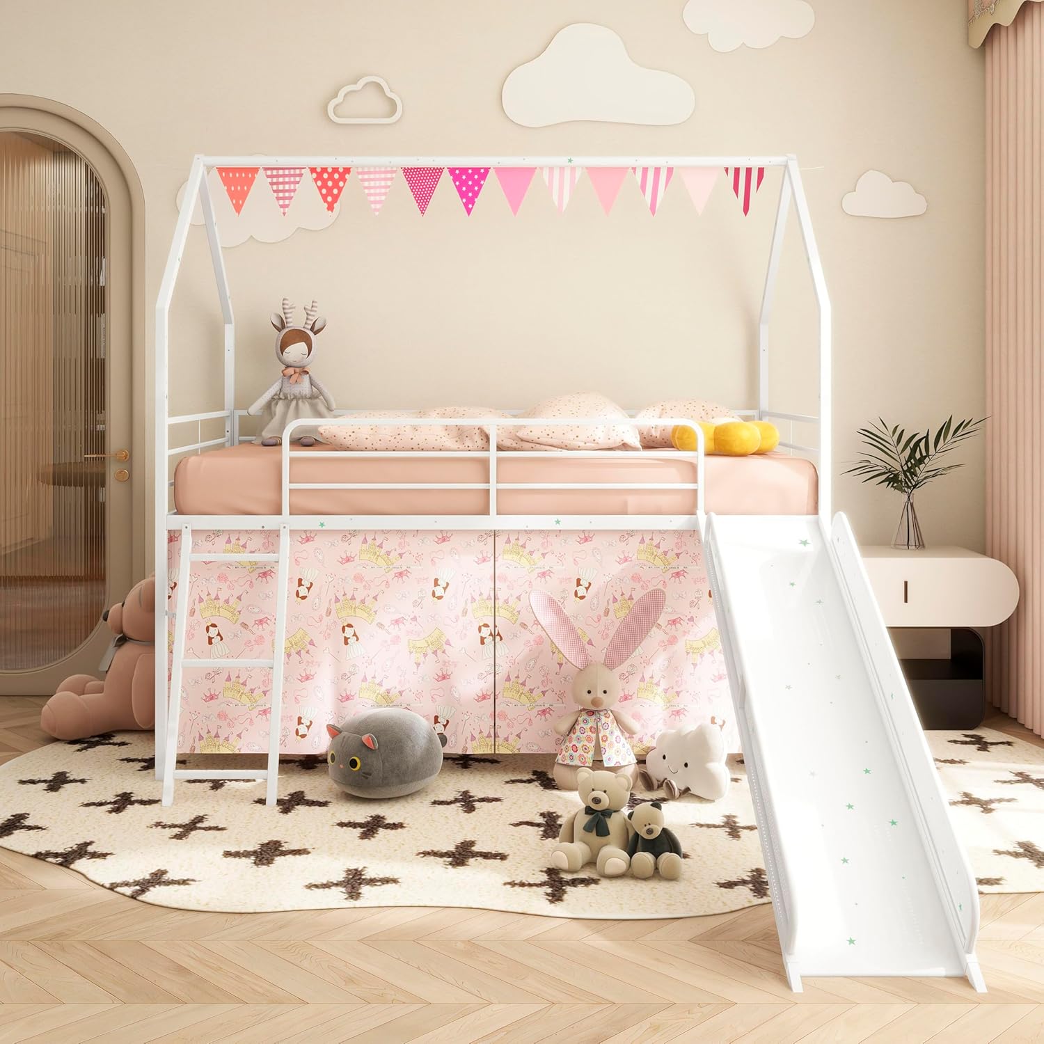 Metal Junior House Twin Loft Bed with Slide and Curtain Set, Pennant Banner Flag and Star Stickers, White with Pink, Jack