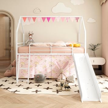 Twin Size House Loft Bed with Slide, Curtain Set, Pennant Banner Flag, Star Stickers, Metal Kids Low Loft with Guardrail and Ladder, Fun Playhouse Design for Boys Girls, White+Pink