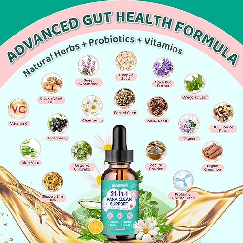 Miniatura 3 de Gotas de limpieza intestinal 21 en 1 - Ajenjo, nogal negro, zeolita, clorella, probióticos 10B y clavo de olor, apoya la desintoxicación líquida de