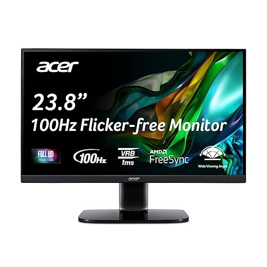 Acer KC242Y Hbi 23.8" Full HD (1920 x 1080) Zero-Frame Gaming Office Monitor | AMD FreeSync Technology | 100Hz | 1ms (VRB) | Low Blue Light | Tilt | HDMI & VGA Ports,Black