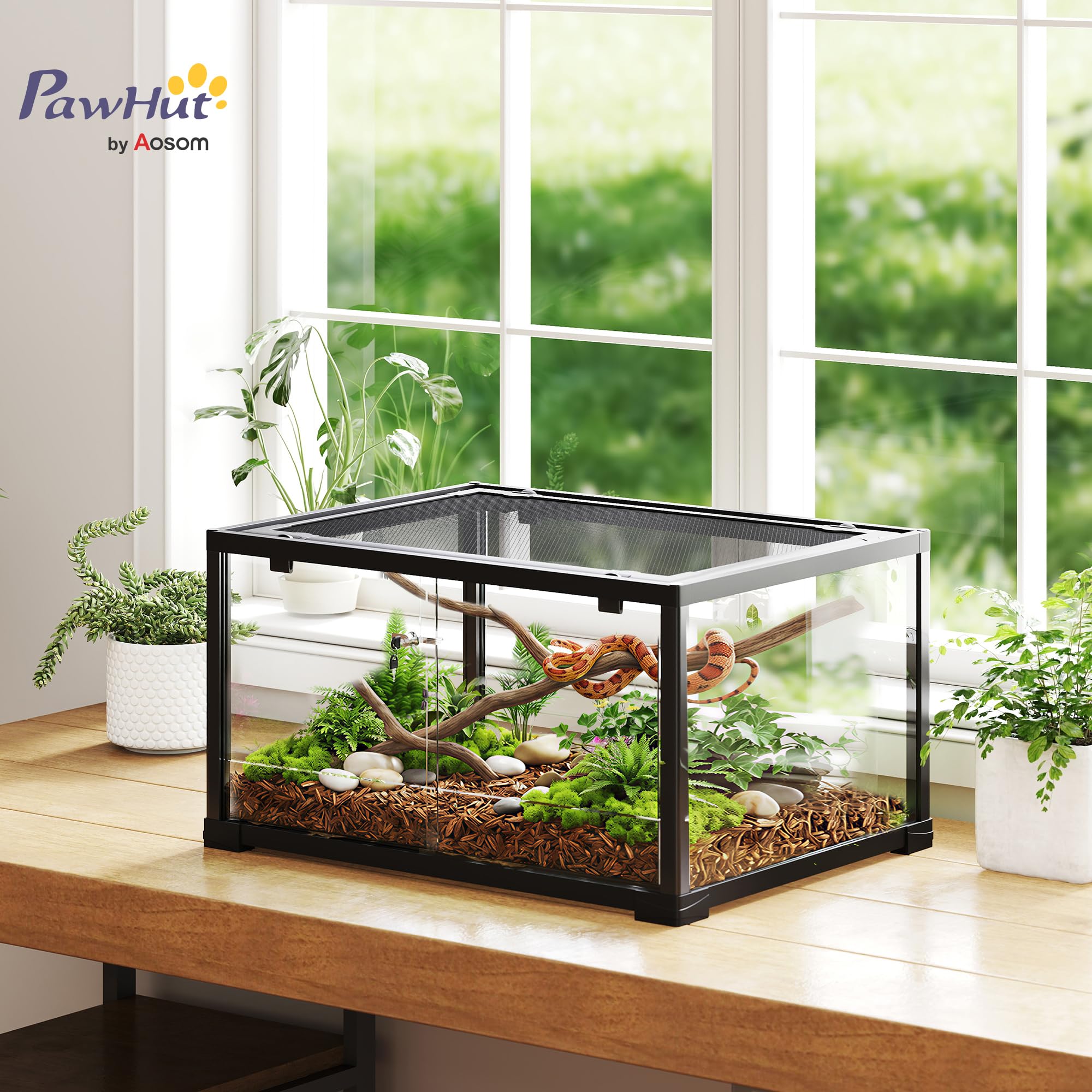 PawHut Terrarium en Verre pour Reptiles 86 L, Ventilation supérieure, Porte coulissante avec Serrure Anti-Fuite, enclos pour lézards, Insectes, Serpents, araignées et Geckos, 60x45x32cm, Noir