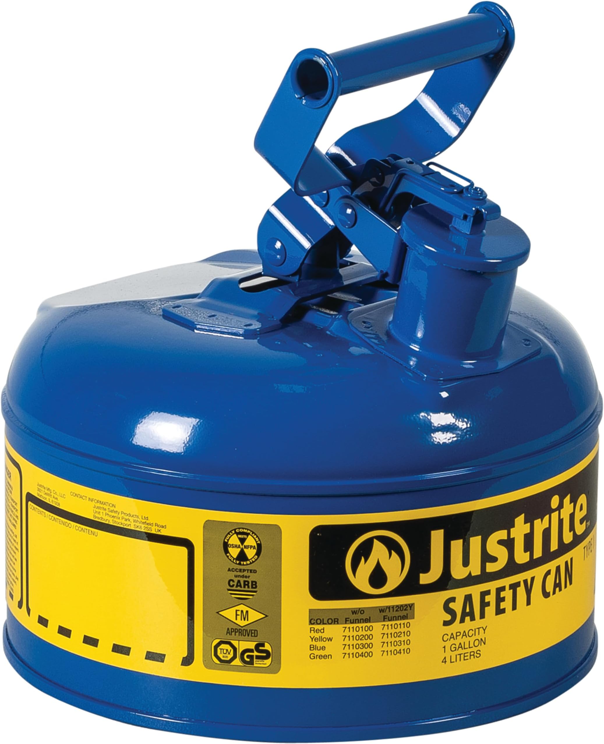 Justrite 1 Gallon Type I Blue Safety Can for Kerosene with Flame Arrester and Self-Closing Lid, Made in the USA, Galvanized Steel Flammable Storage Can, 7110300