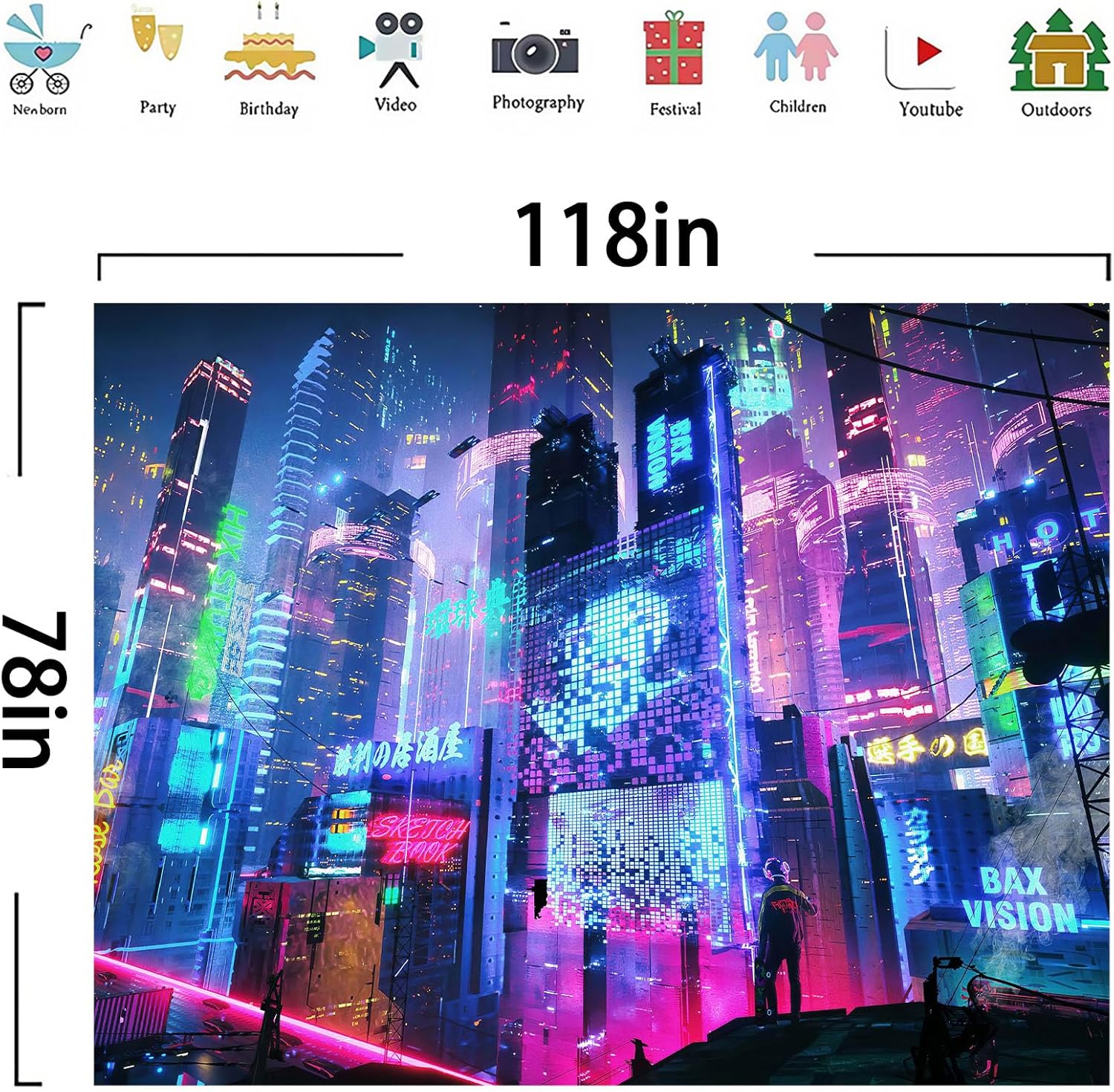 OSUNBD Japanese Anime Tapestry for Bedroom Aesthetic, Cool Futuristic Japanese Neonn Video Game Wall Hanging Tapestrys Poster for Bedroom Living Room Dorm Playroom Wall Art Decor, 118x78 Inch Flannel