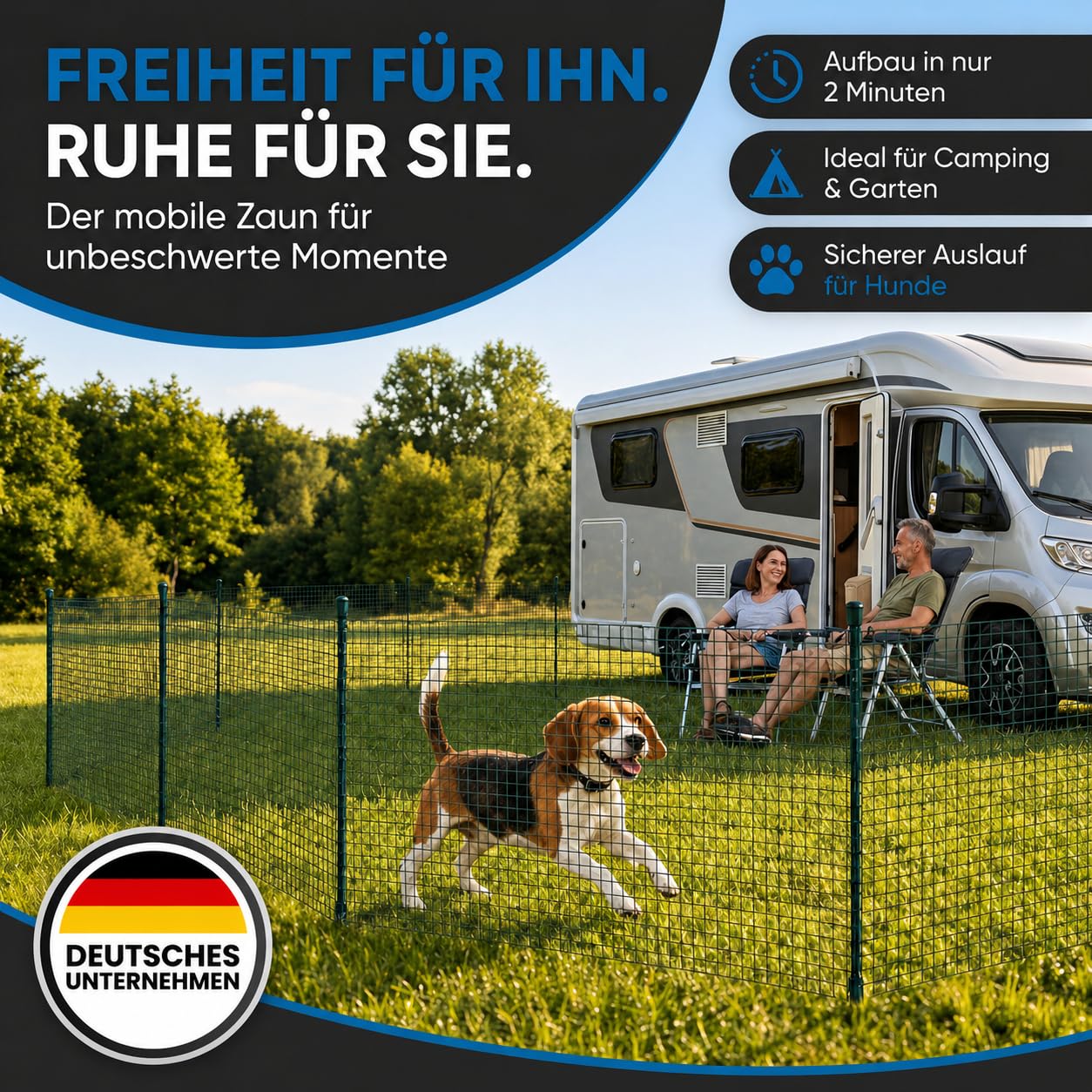 Mobiler Hundezaun 20m - Weidezaun ohne Strom - Campingzaun, Begrenzungszaun, Gartenzaun, Hühnerzaun, Schafzaun 90cm hoch mit Zubehör (20m)