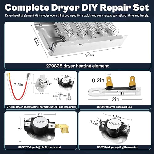 Miniatura 8 de Elemento calefactor compatible con secadora Roper Whirlpool RED4516FW0-279838 W10724237 2406028 Elemento calefactor compatible con secadora Roper