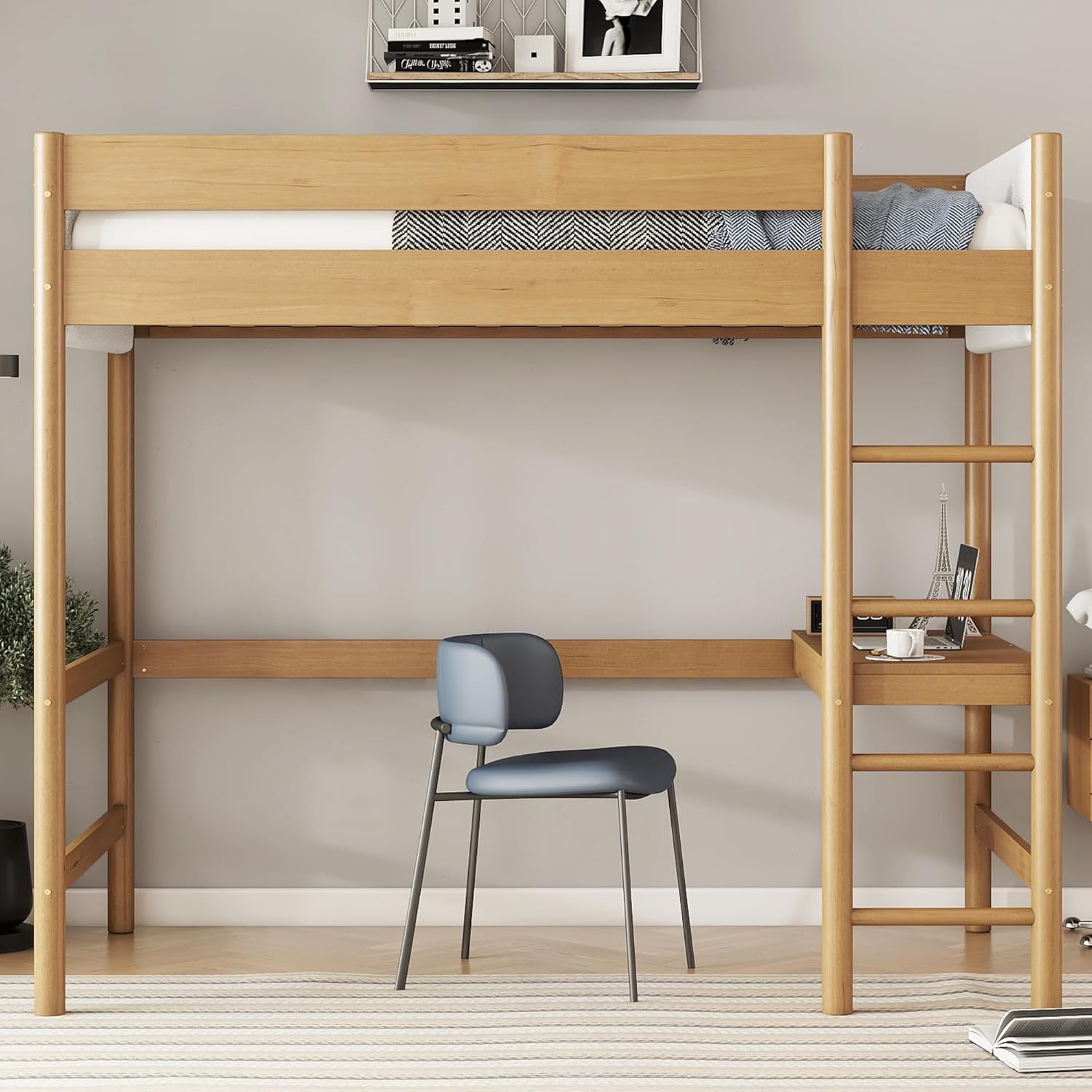 Twin Size Loft Bed with Desk, Full Rubber Wood Frame Loft Bed, Teddy Fleece Fabric Headboard/Footboard, Space-Saving Twin Loft Bed for Kids Teens Adults, Drom, Apartment, Natural