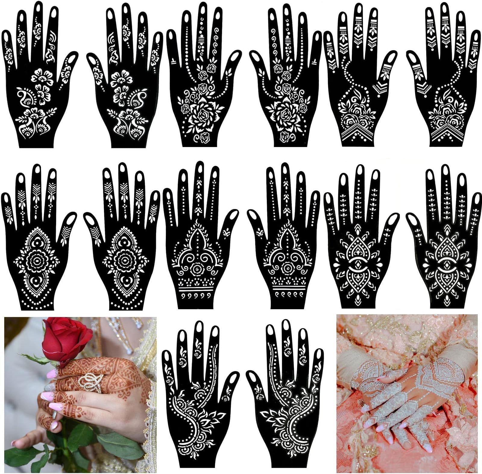 QSTOHENA 14 Sheets Henna Tattoo Stencils Kit for Hand Body Art, Indian Arabian Temporary Tattoo Template Mehndi Stencil Stickers