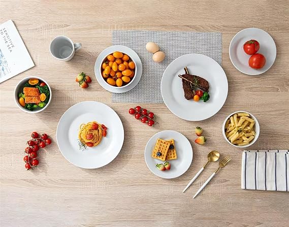 simpa Timeless 24PC Plain White Porcelain Dinner Set: 6 Dinner Plates, 6 Side Plates, 6 Bowls & 6 Mugs. Dishwasher & Microwave Safe.