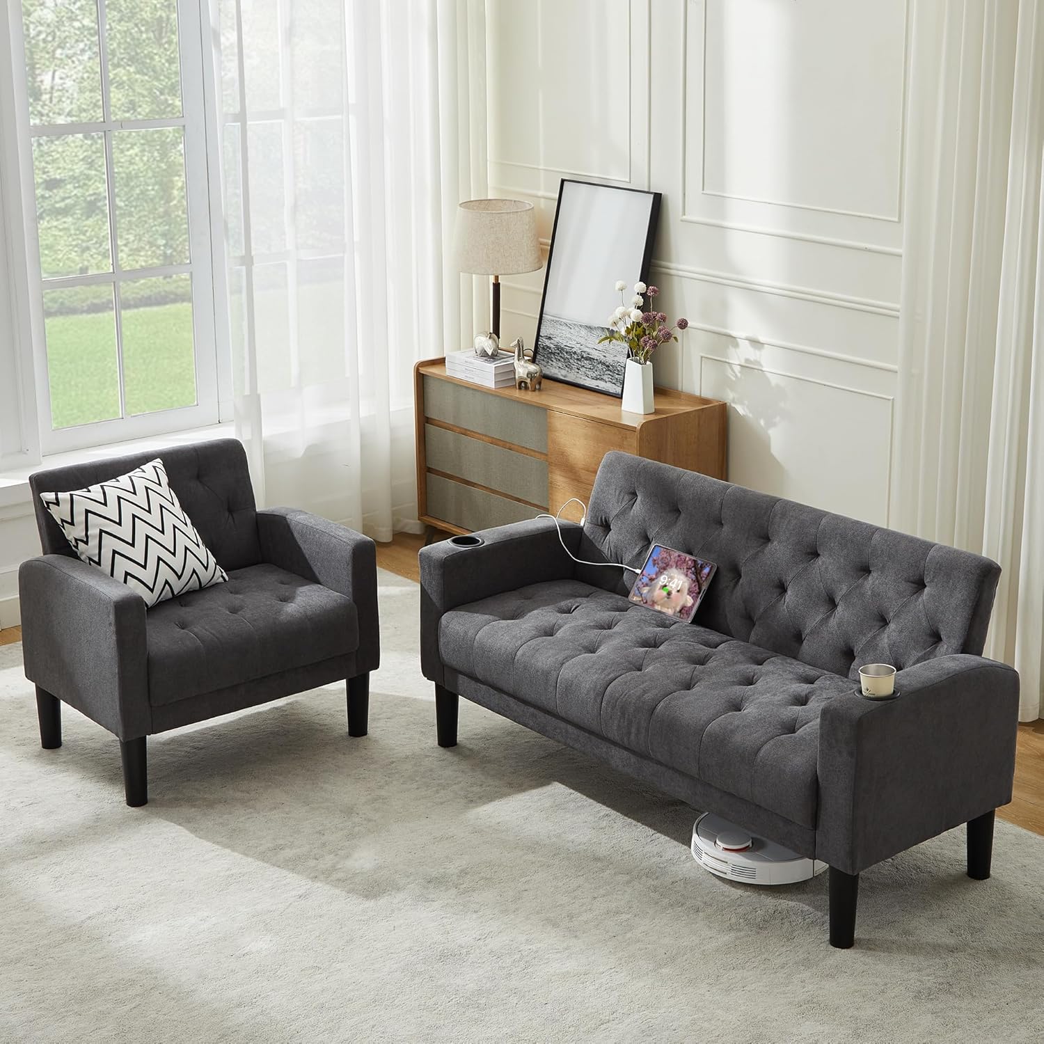 TYBOATLE 62" W Loveseat Sofa w/ 2 USB Charger Ports and 2 Cupholders, Mid-Century Modern Tufted Linen Fabric Small Love Seat Couches for Compact Living Room, Bedroom, Apartment, Dorm (2, Dark Grey)