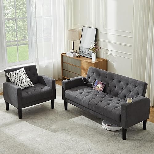 Miniatura 15 de TYBOATLE Juego de sofá de 2 asientos tapizado de mediados de siglo con 2 USB y 2 portavasos, juego de 3 muebles para sala de estar, sofás pequeños
