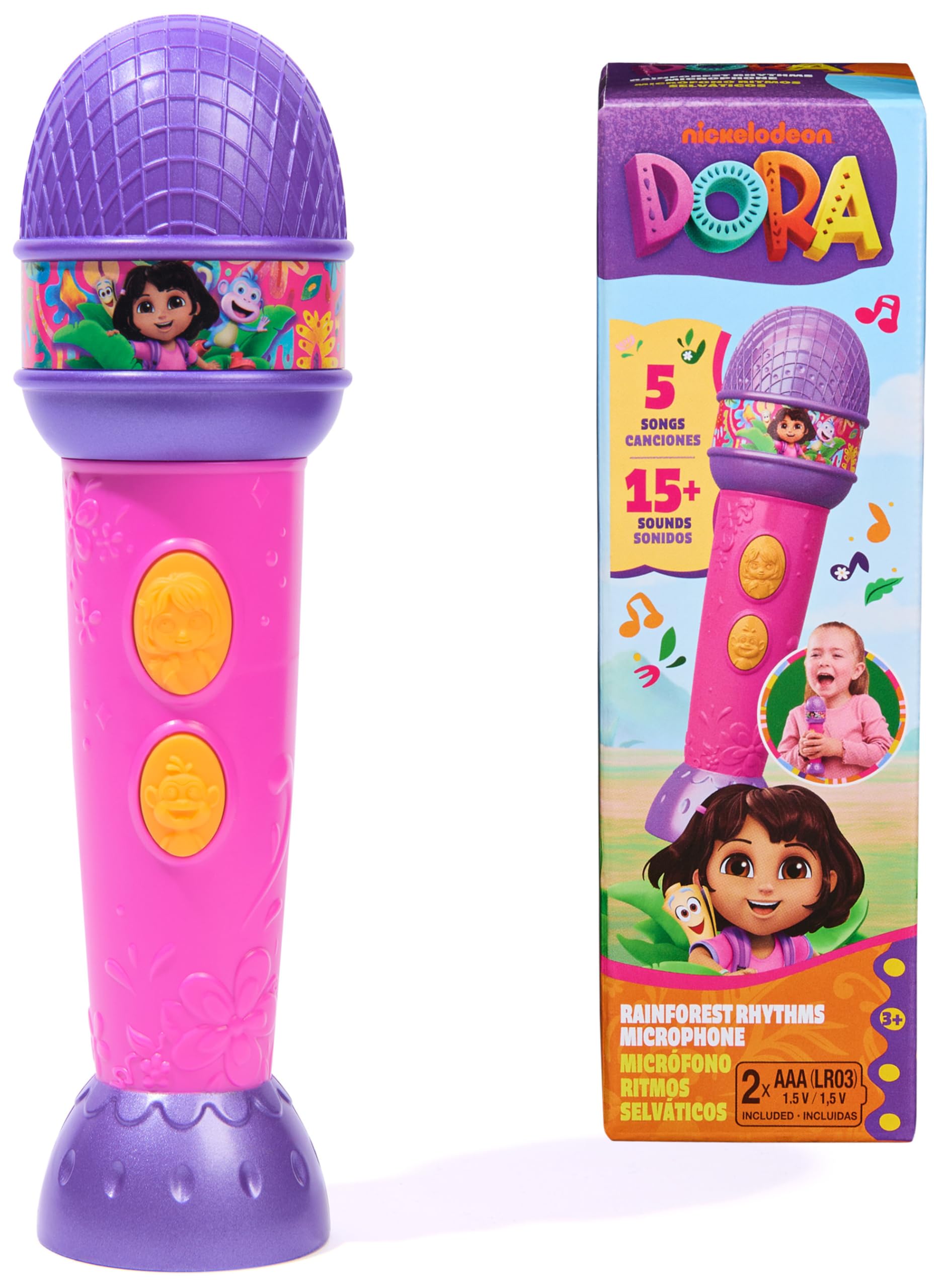 Dora, Rainforest Rhythms Microphone with Music, Sound Fx & Bilingual Phrases, Kids Toys for Girls & Boys Ages 3 and Up