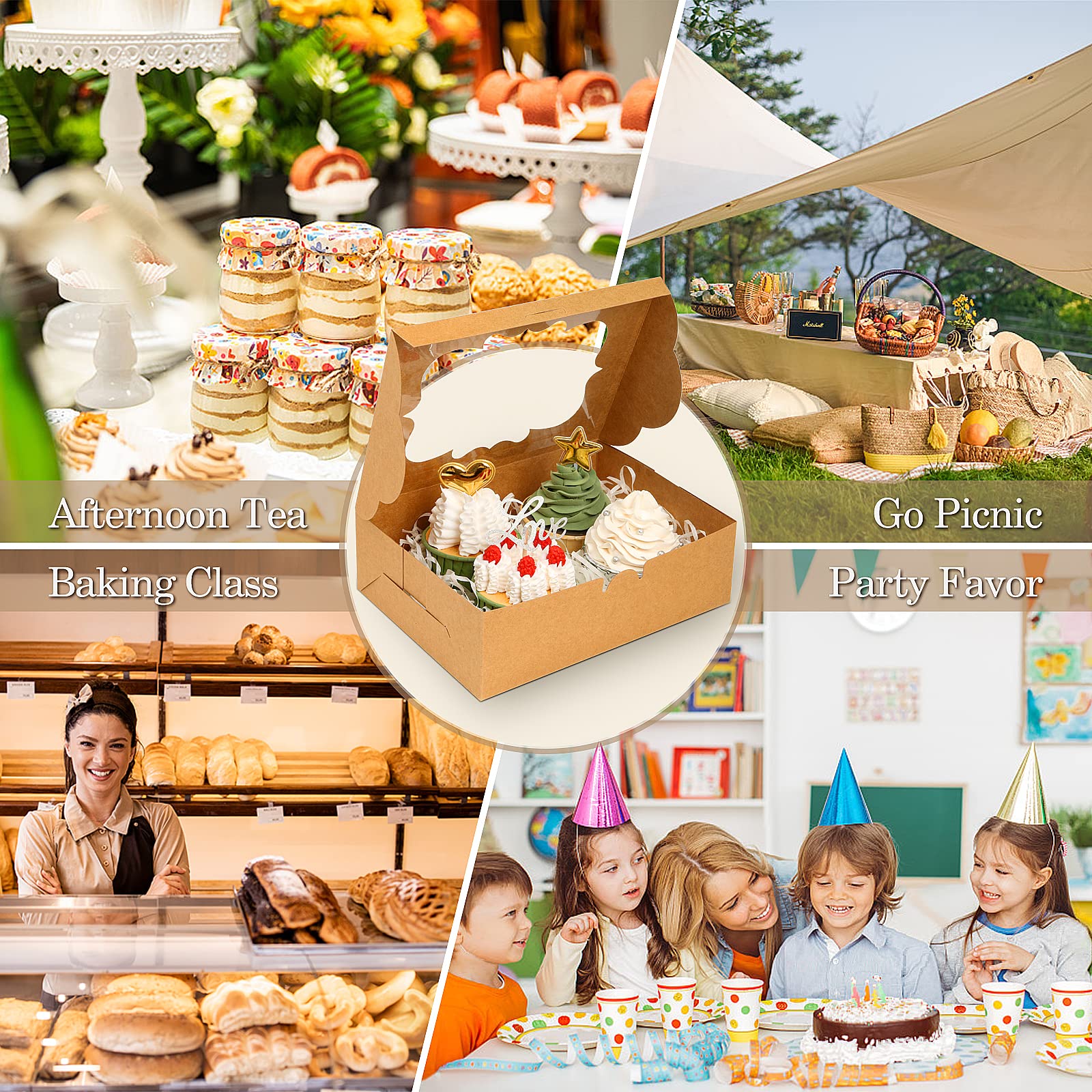 KPOSIYA 65 cajas de galletas de 8 x 6 x 2.5 pulgadas con ventana, cajas de panadería marrones para regalo, golosinas, postres, cupcakes, chocolate, fresas, donas, magdalenas (5 ventanas de estilo)