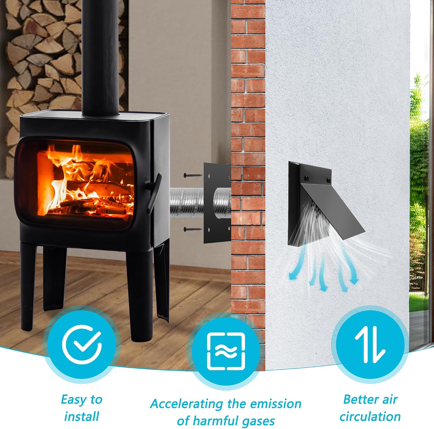 Pellet Stove Pipe Kit, Aluminum 2’’ x 60’’ Pellet Stove Fresh Air Intake Kit with Rain Guard for External Wall Ventilation & Hose Clamps with Screw Fasteners