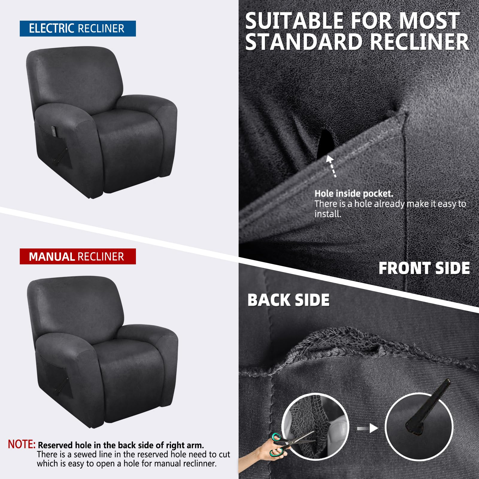 Coperture reclinabili per sedia reclinabile con tasca, 4 pezzi, antiscivolo, morbide e reclinabili, lavabili per bambini, animali domestici (grigio scuro)